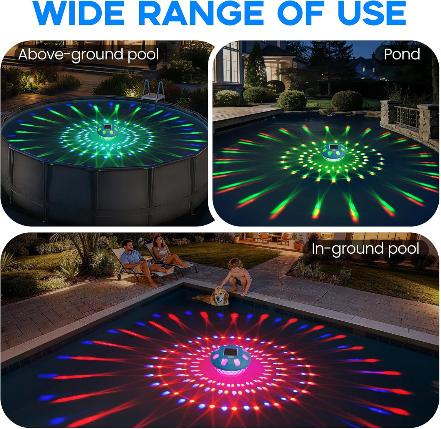 Pool Chlorine Floater, Solar Chlorine Floater with Colorful Lights, 3 Inch Chlorine Tabs Floater w/Adjustable Flow, Button Control Floating Chlorine Dispenser for Pools, Hot Tubs, Light Blue
