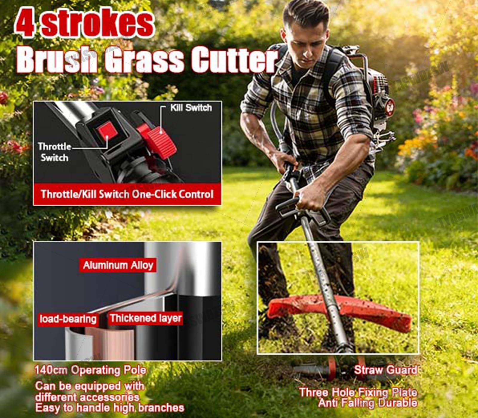 Cortabordes De Mochila De Alta Potencia 1000W 4 Tiempos, Motor A Gasolina 35.8CC 1.4HP para Siega Rápida, Bajo Nivel De Ruido, Bajo Consumo, Herramienta Profesional Jardín