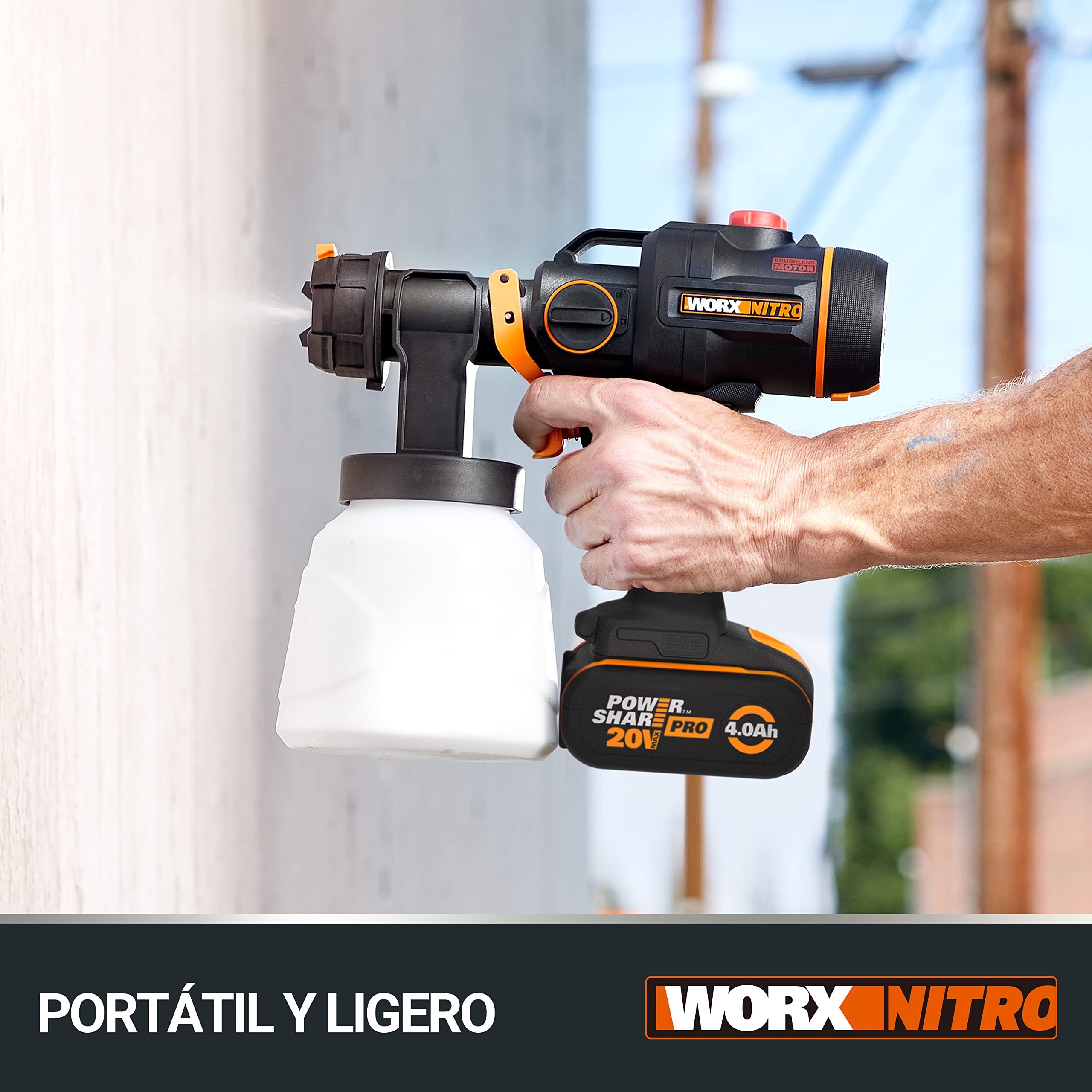WORX WX020.9 Pistola Pulverizadora de Pintura 20V Brushless 20KPa Sin Batería, Boquillas Múltiples para Paredes, Muebles y Exteriores, Tecnología HVLP