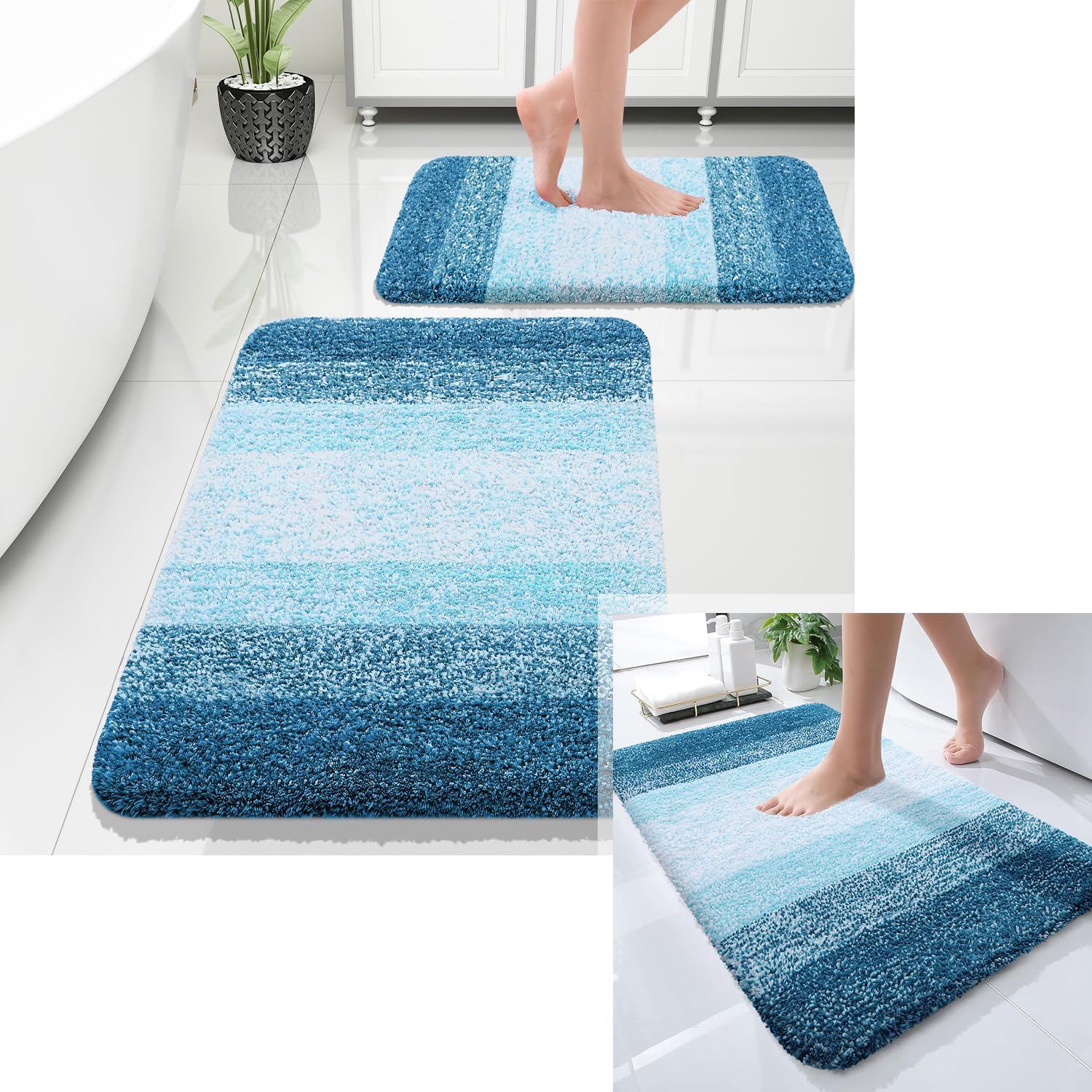 OLANLY Ombre Bath Rug and Bathroom Rugs Sets 2 Piece, Bath Rug Size 30x20 and Bathroom Rug Set Size 24x16+30x20 in Peacock Blue, 3 Item Bundle