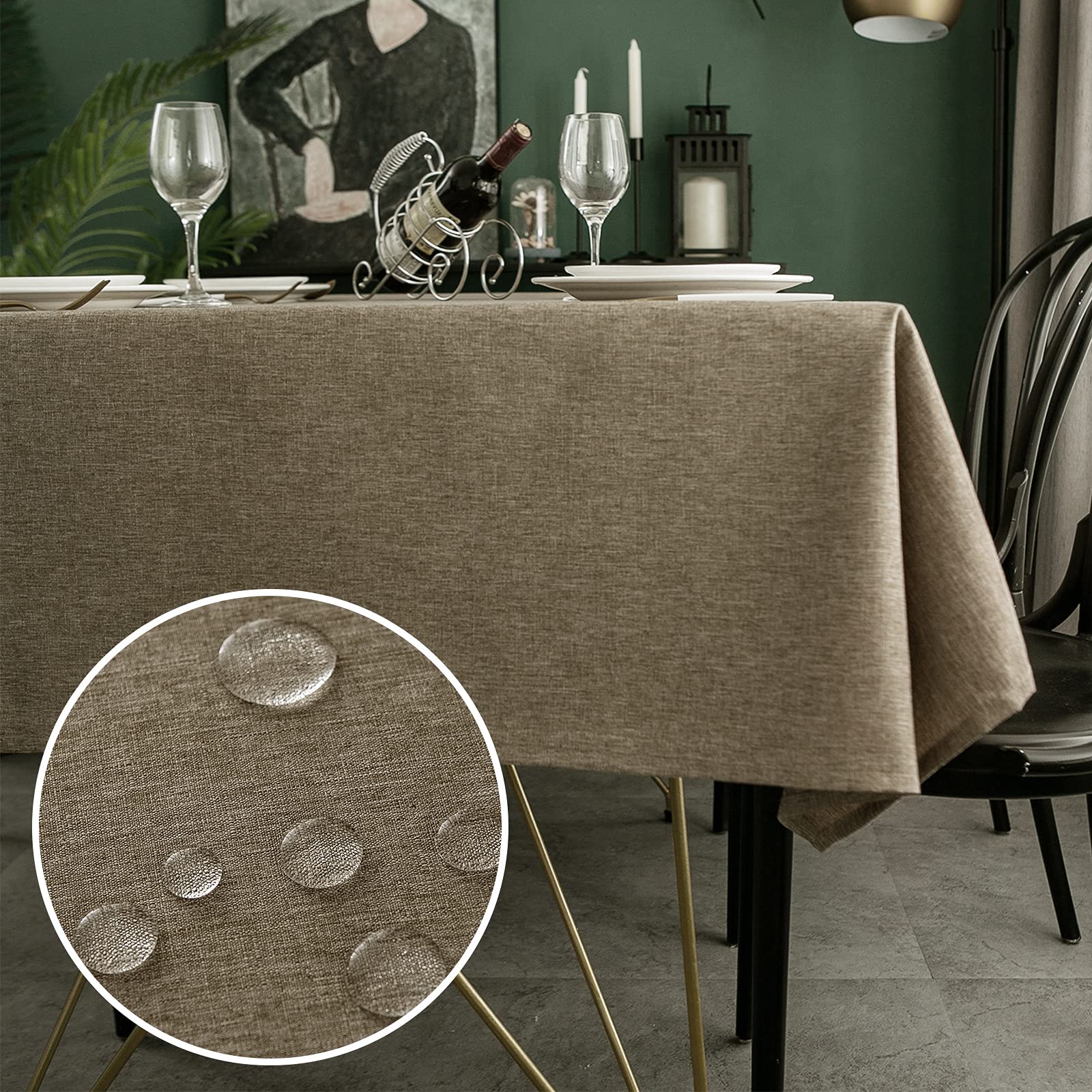 Yeahshion Rechteckige/Runde Schmutzabweisende Tischdecke, Polyester-Leinen-Effekt, wasserdichte Tischdecke für Tischschutz, Esszimmer, Restaurant