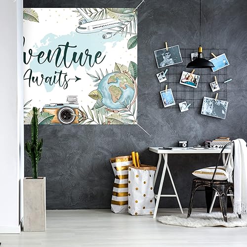 Miniatura 4 de Decoración de telón de fondo blanco con texto en inglés "Adventure Awaits", decoración de fiesta temática de viaje para baby shower, 3.9 x 5.9 pies
