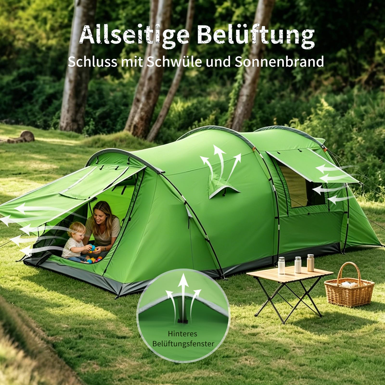 Zelt 6-7 Personen, 4000 mm Wassersäule & eingenähte Bodenwanne, Stehhöhe, Eingang mit Fliegengitter, Sonnendach & Privatsphäre-Trennvorhang, XXL Familienzelt Tunnelzelt für Camping Reisen Festival