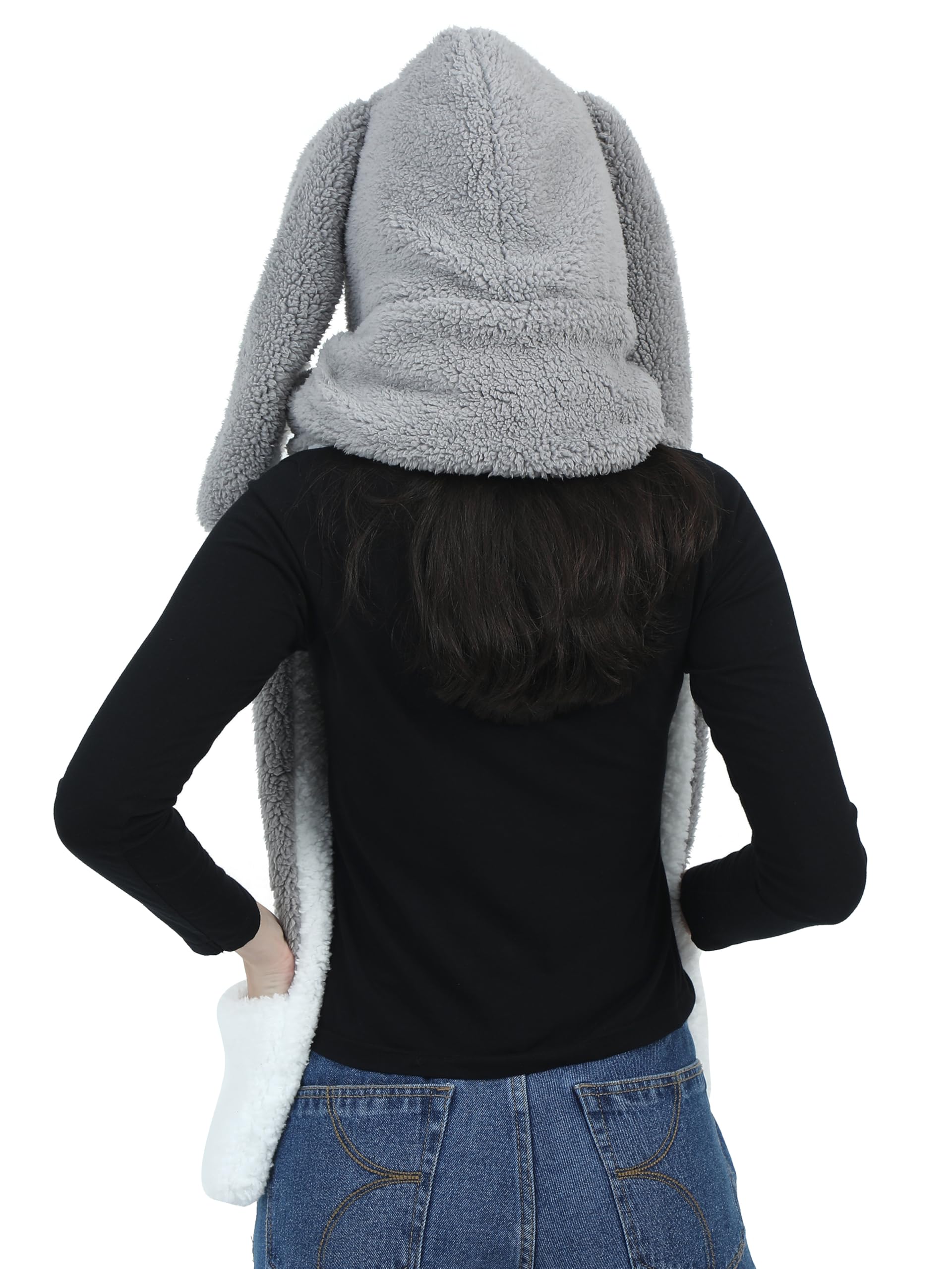 FabSeasons 3-in-1 Cute Bunny Ear Moving Cap β Plush Hat/Cap, Scarf, and Gloves Set for Women & Girls (10 years and Above) | Adorable Pop-Up Ears | Hooded Shawl with Pockets