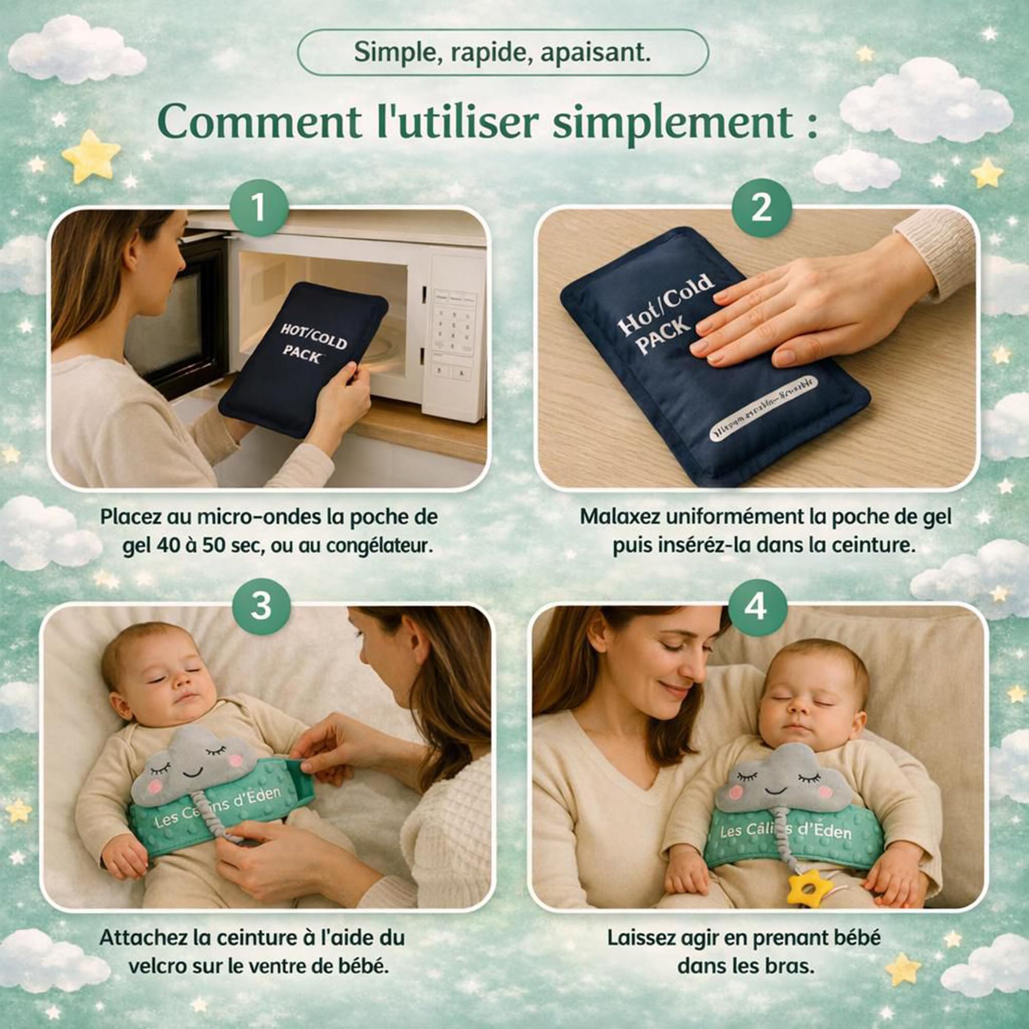 Ceinture bouillotte bébé anti-coliques – poche gel chaud/froid, doudou musical amovible, anneau de dentition silicone étoile, housse satin – soulage coliques & ballonnements – Certifiée CE