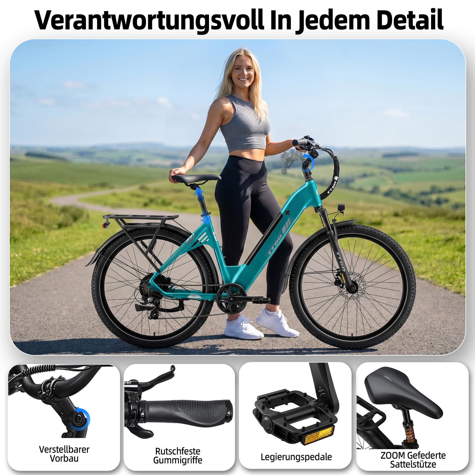 ttgo C5 27,5 Zoll E-Bike für Erwachsene, City E-Bike für Damen und Herren, Elektrofahrrad mit 48V 13,5Ah Akku, bis 110 km Reichweite, 7-Gang Schaltung, Hydraulische Scheibenbremsen