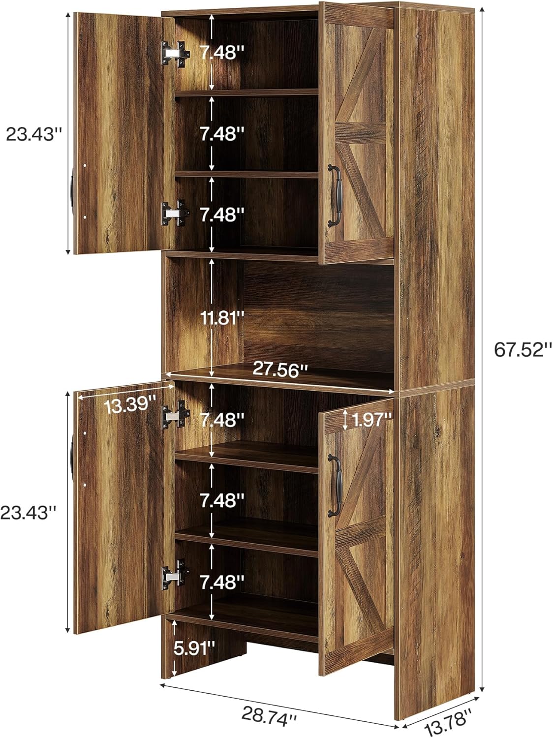 Diagram showing the dimensions of the Tribesigns Farmhouse Shoe Cabinet, including height, width, and depth, and internal shelf spacing.