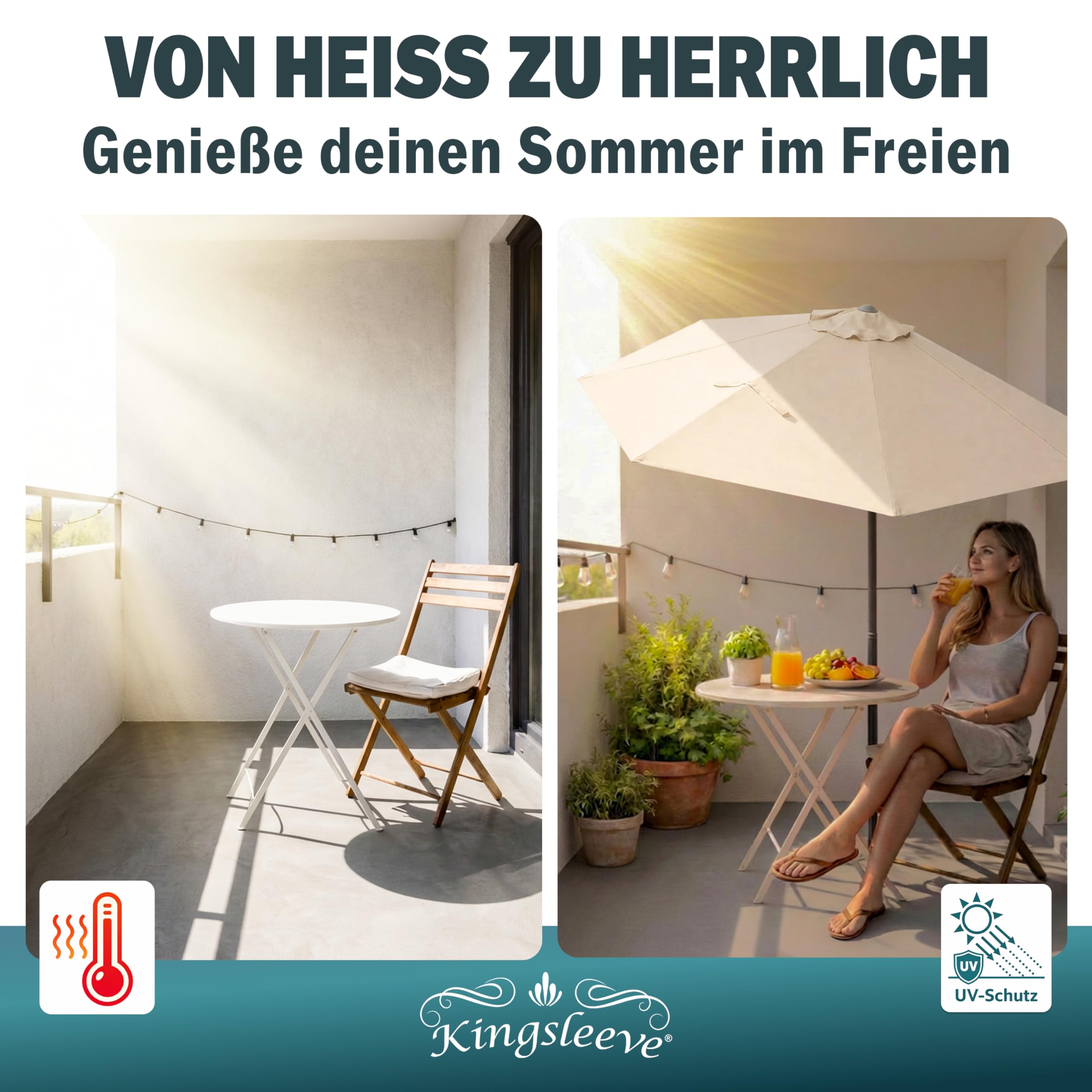 Kingsleeve® Demi-parasol Ø 270 cm crème Parasol de balcon terrasse avec manivelle Pare-soleil Protection solaire UV 50+