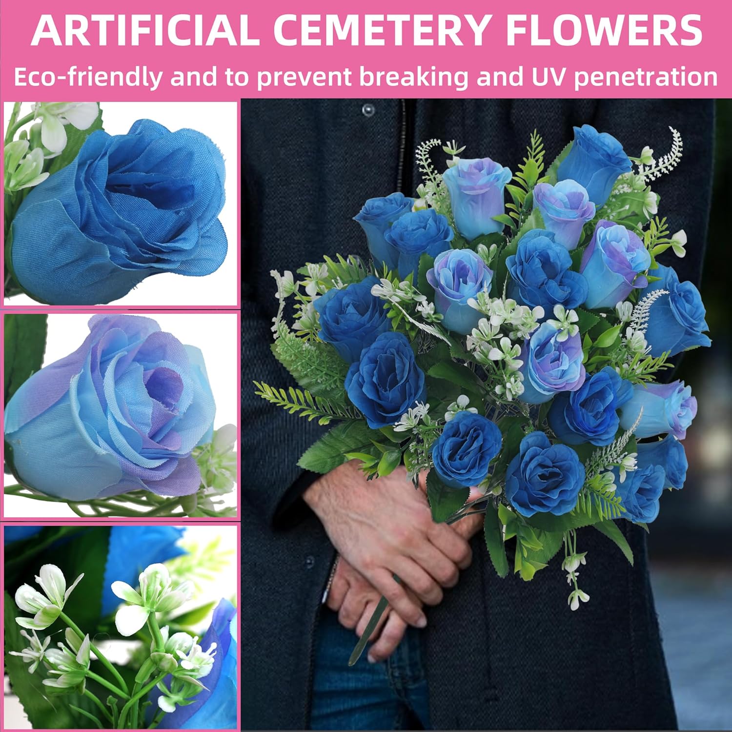 Set of 2 Artificial Cemetery Flowers, Grave Memorial Flowers with Vase, Outdoor Grave Decorations Roses for Cemetery Headstones Decoration (Blue) - Image 5