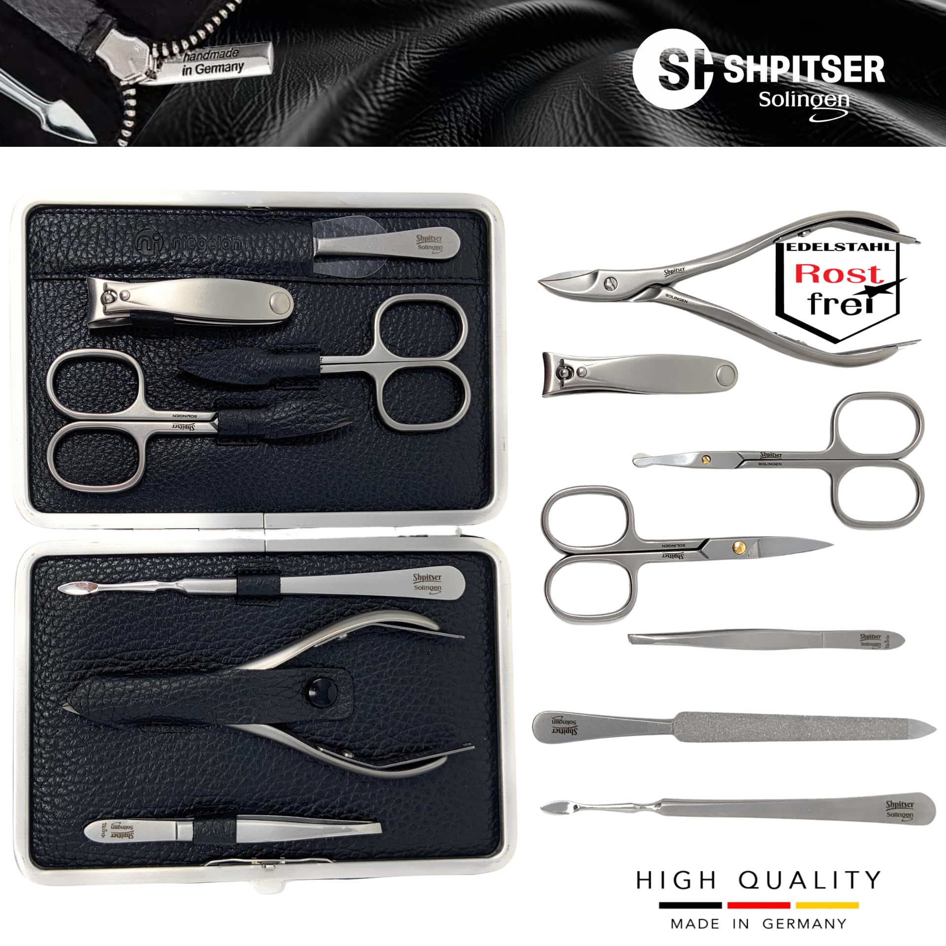 SHPITSER Professional 7pc TopInox Surgical Stainless Steel Tools Manicure Pedicure Set in Genuine Durable Leather Case Handmade in Solingen Germany for Nail and Cuticle and Nose Care