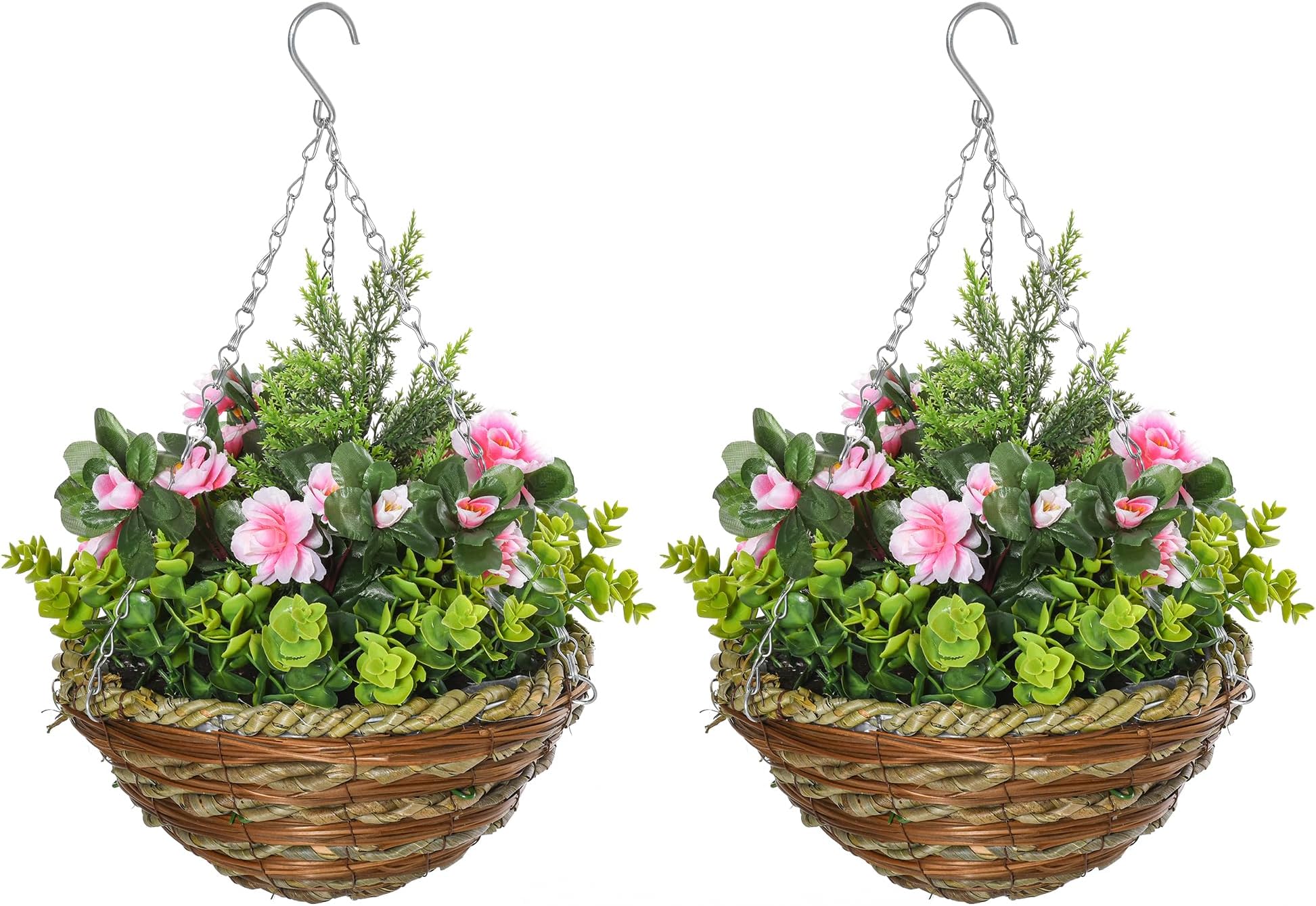 Hanging Basket Fake Flowers Realistic PE with Chain Pack of 2 Pink | with Lisianthus, Eucalyptus and Pine, Faux Plants, Basket and Chain, for Outdoor Garden, Porch, Patio, Balcony