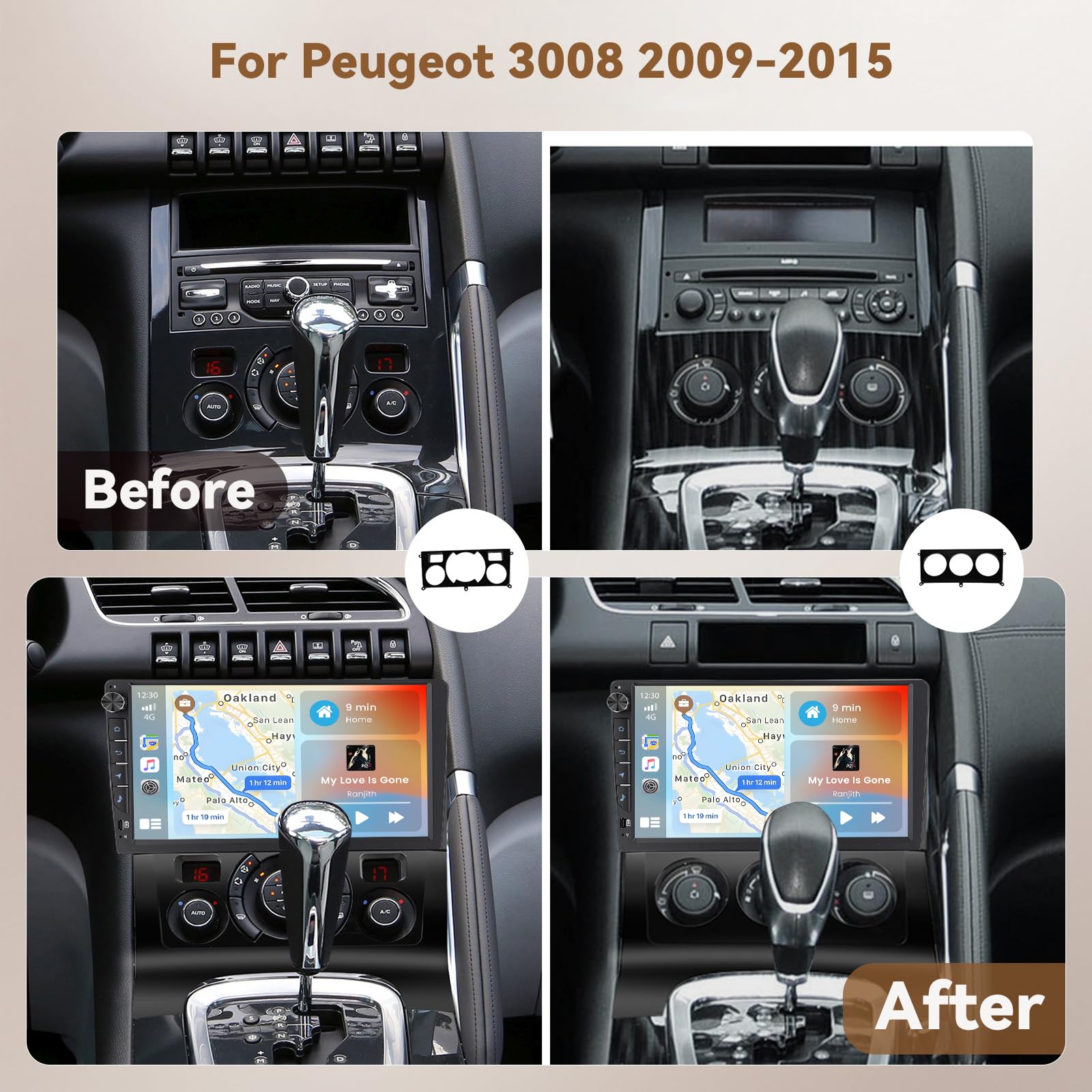 Hikity Radio samochodowe Android 15 4+64 GB do Peugeot 3008 2013 z ekranem dotykowym 9 Zoll, radio samochodowe 2DIN z bezprzewodowym odtwarzaczem Carplay Android Auto, FM/RDS Radio BT GPS WiFi