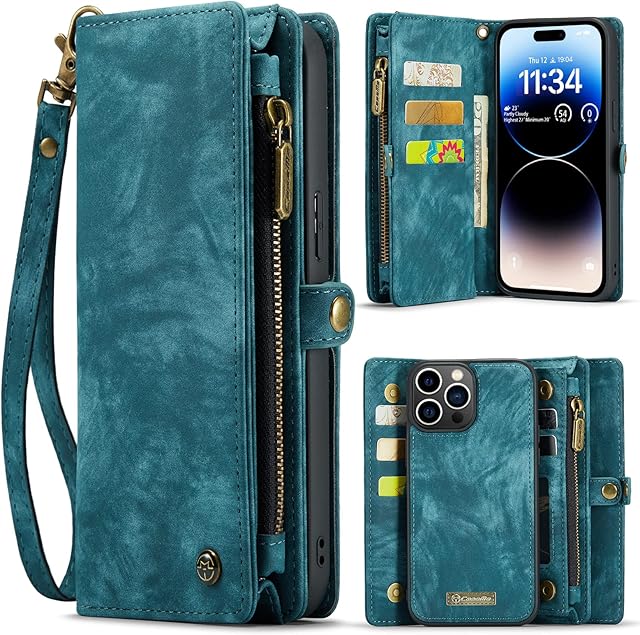 SWP Case for iPhone 14 Pro Max, Wallet Case w/Magnetic Detachable Cover [8 Card Slots] Clutch Wallet w/Wristlets Money Pocket for iPhone 14 Pro Max (Teal)