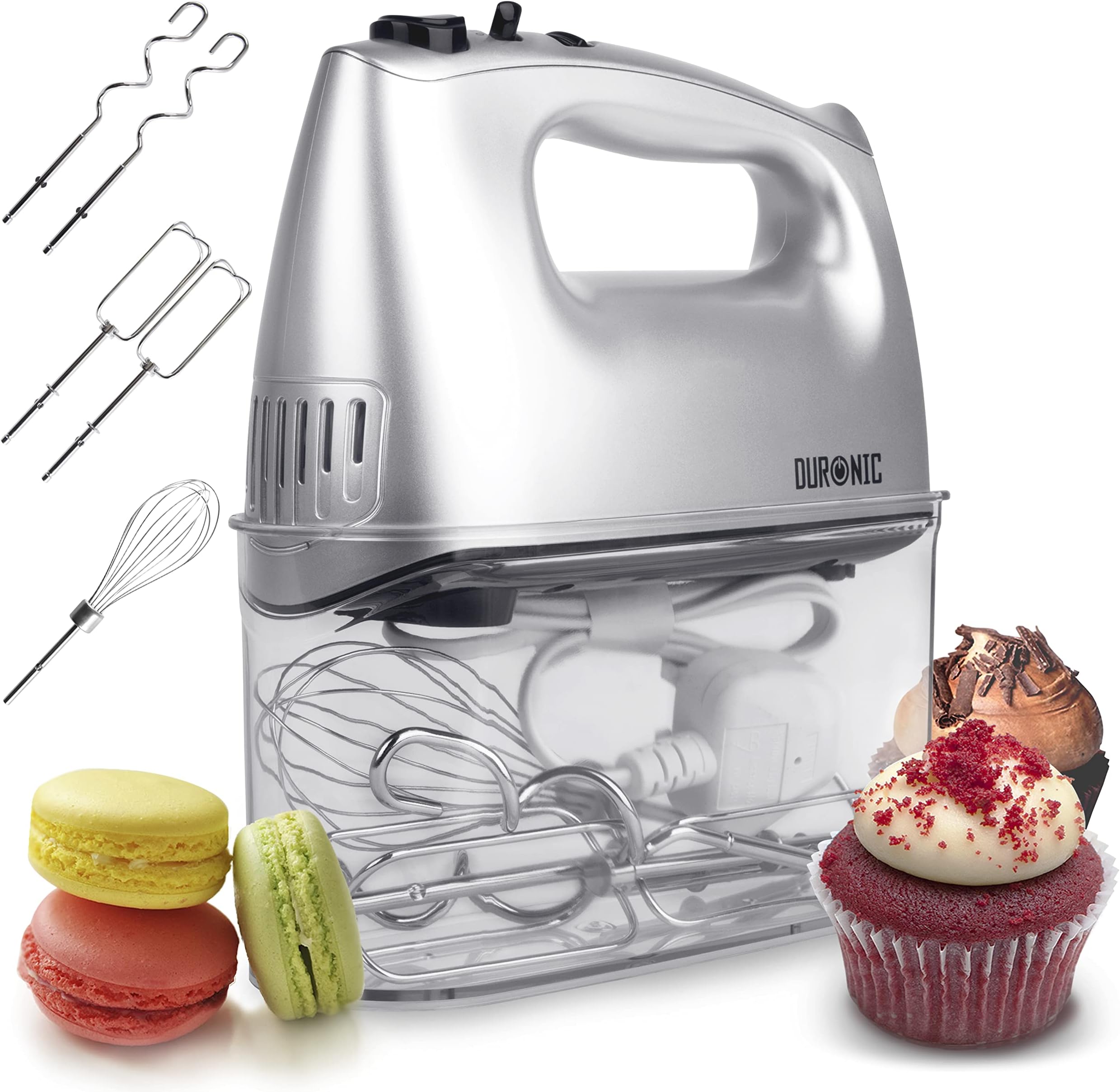 Duronic HM4 SR Hand Mixer 400W Electric Whisk Handheld Kitchen Food Mixers for Baking Dough Cream Egg Beaters with 5 Speeds Turbo Cake Whisks with 2 Beaters 2 Dough Hooks 1 Whisk - Silver Renewed