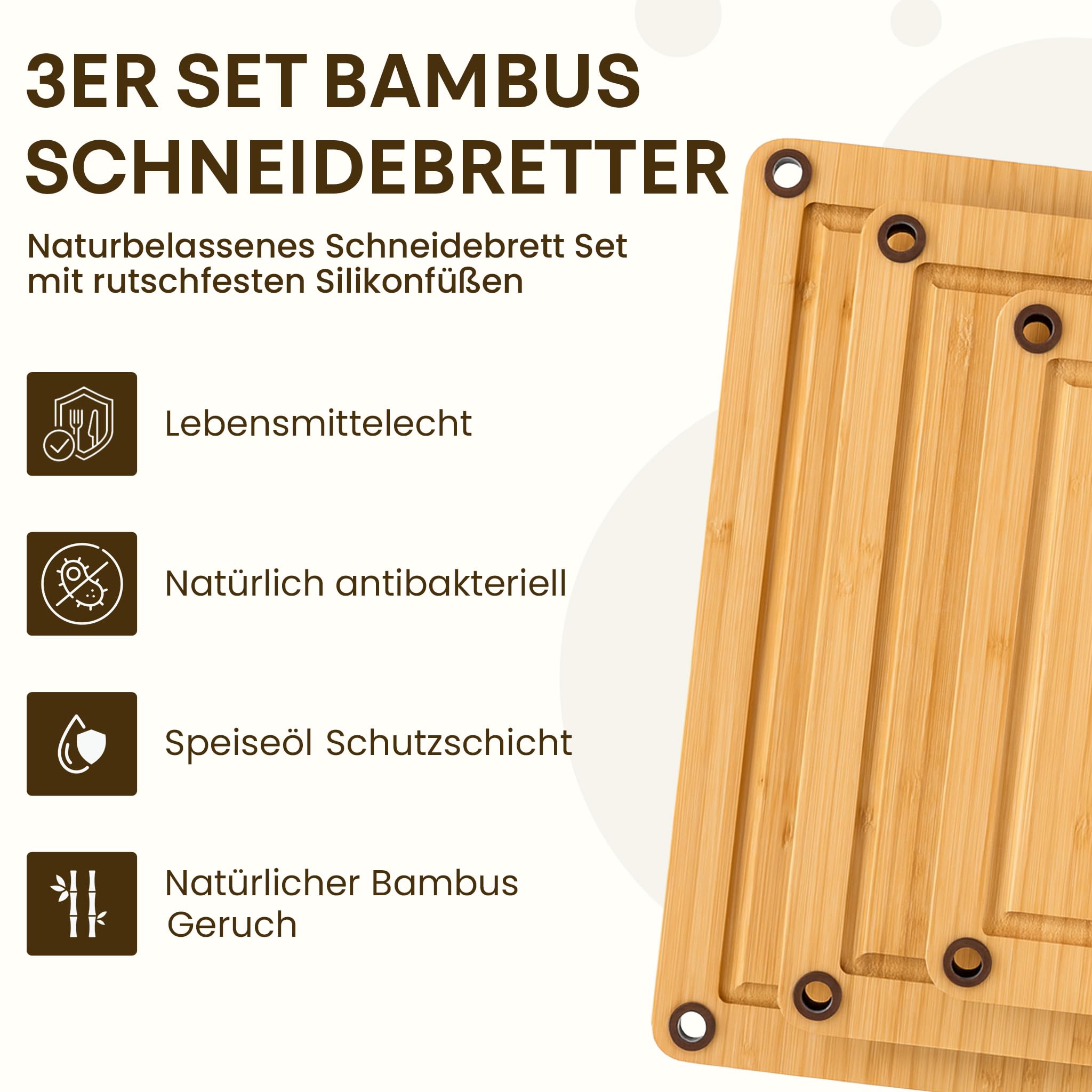 BOARDBUDDY Set di 3 taglieri con piedini in silicone antiscivolo by Molunda – Il tuo amico in cucina – innovative tavole in legno di bambù con supporto (3, 35 x 24 cm/32 x 22 cm/28 x 19,5 cm)