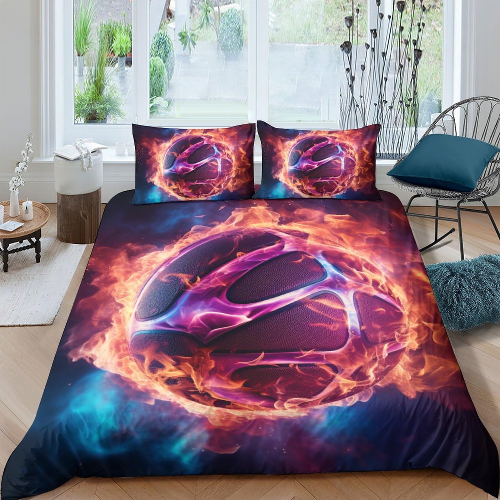 HOTGE Flaming Basketball 3D Printed Duvet Cover with Pillowcases Bedding Set with Zipper Sports Soft Microfiber Quilt Cover Set For Adults And Children Double（200x200cm）