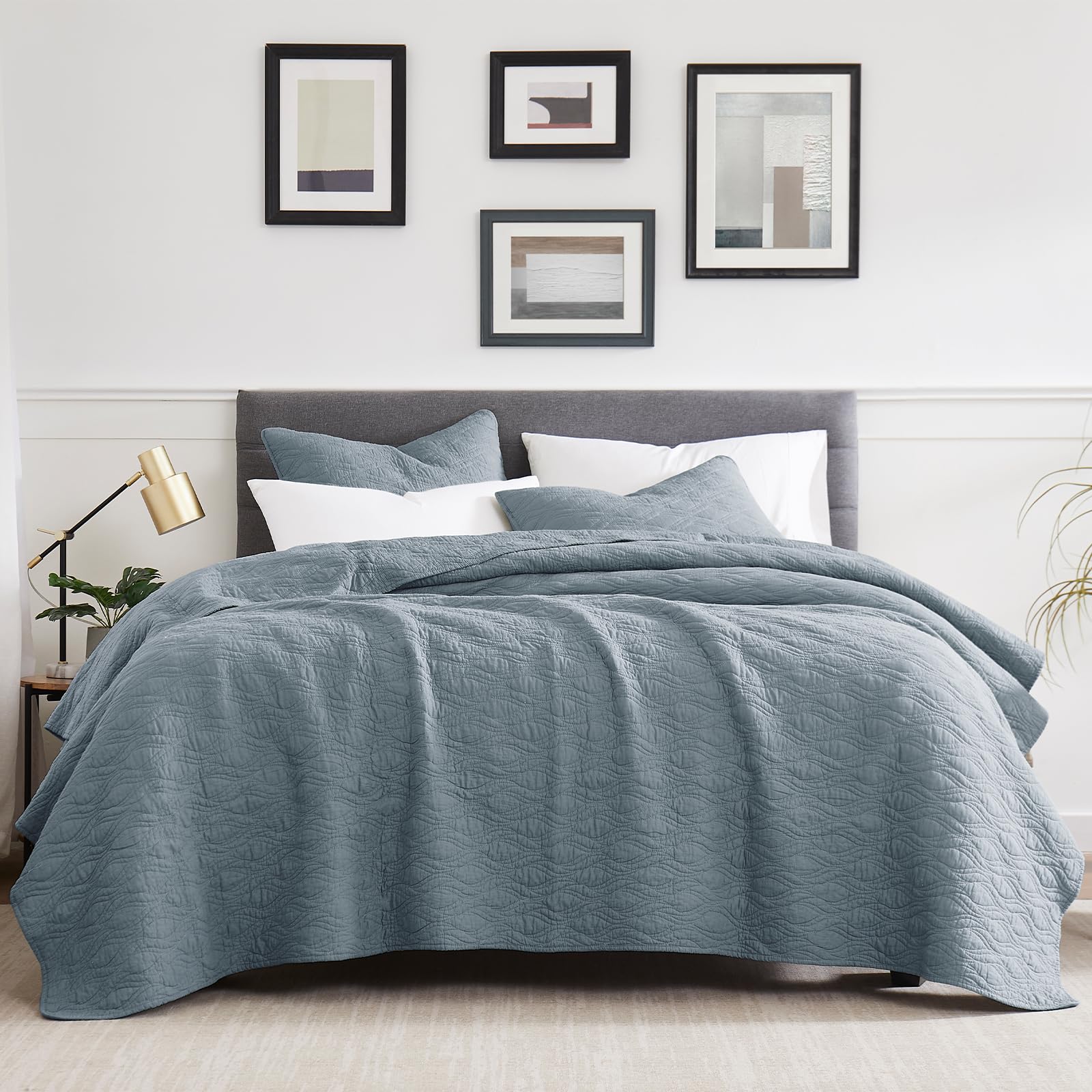 palassio Blue 100% Cotton Quilt Queen Size Bedding Sets with Pillow Shams, Lightweight Soft Bedspread Coverlet, Quilted Comforter Bed Cover for All Season, 3 Pieces, 90x96 inches