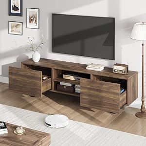 Industrial TV Stand for 80 Inch TV, with 2 Drawers, Heavy Duty Leg and Open Storage, Modern Entertainment Center, Wooden Media Cabinet, TV Console Table for Living Room, Brown