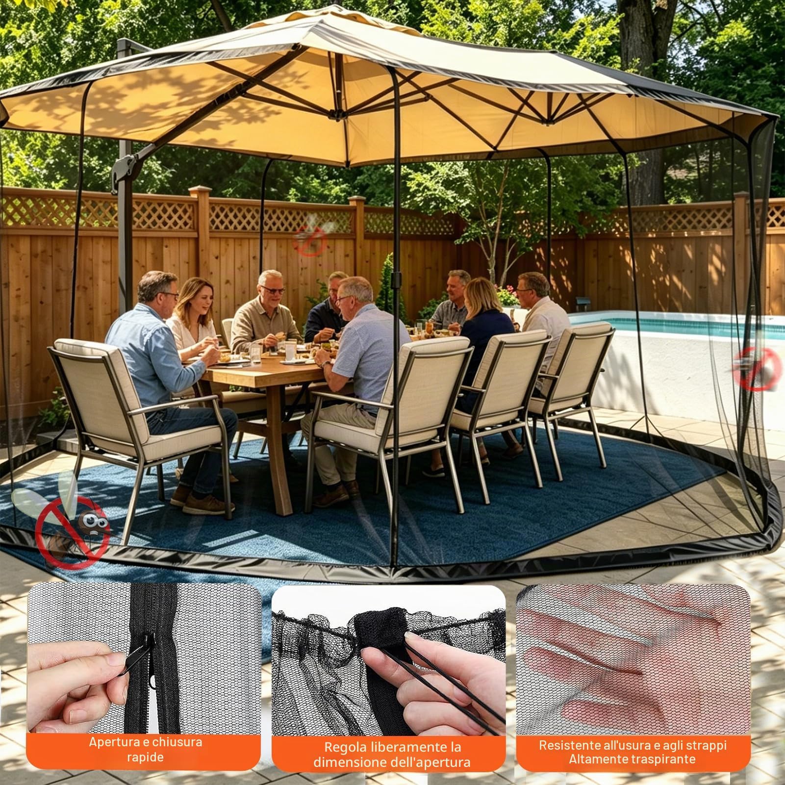 Zanzariera gazebo, 3 x 3 m, zanzariera a rete per esterni, giardino, patio, campeggio (nero, 300 x 300 x 230 cm)