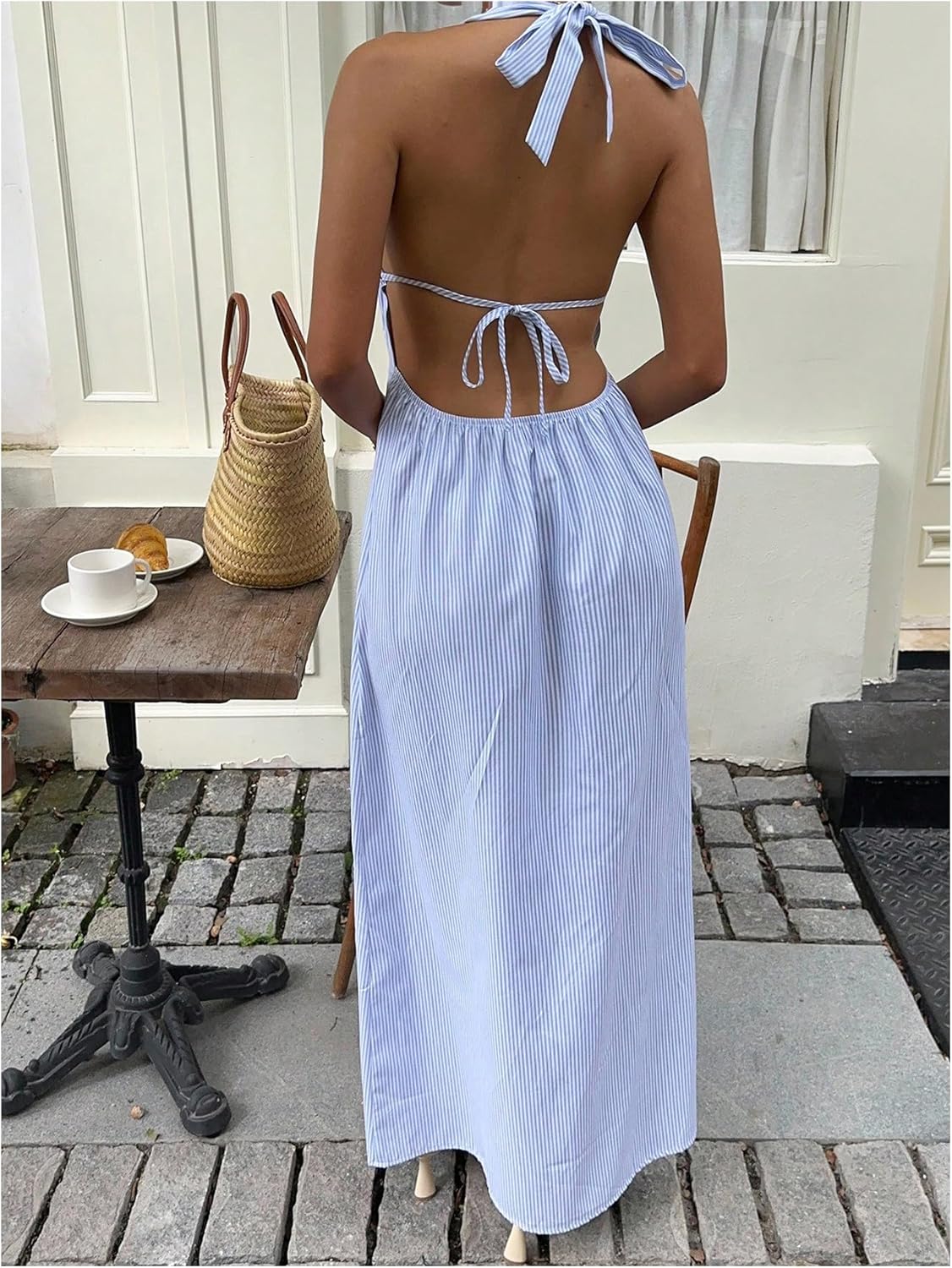 Women's Striped Halter Maxi Dress Summer Tie Backless Cut Out Deep V Neck Dresses Beach Vacation Clothes - Image 2