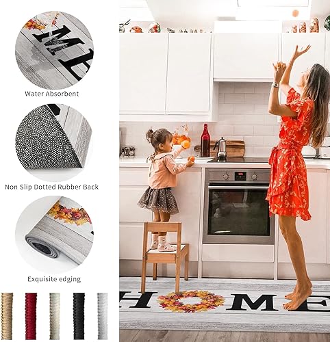 Miniatura 6 de Tapete de Acción de Gracias, otoño para casa con coronas de hojas de arce y calabaza en tablero de madera rústica, tapete antideslizante para