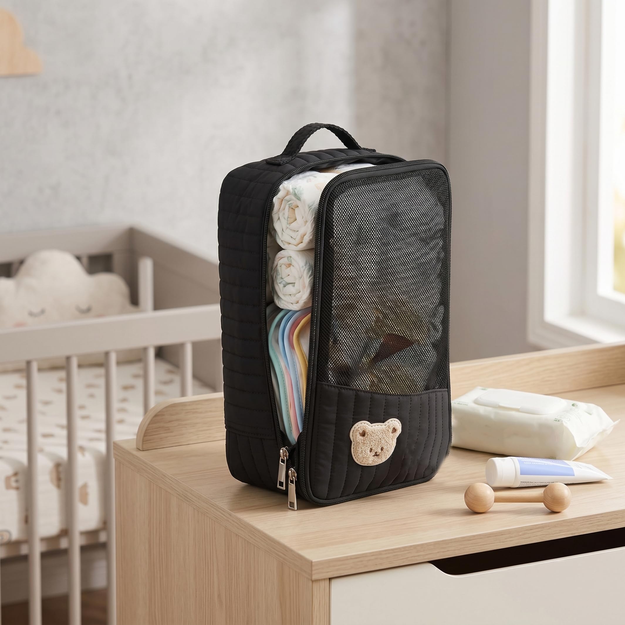 Diaper Bag Organizers, Diaper Bag Organizer Pouch, Cartoon Bear Quilted Mesh Storage, Cube For Travel, Baby Essentials & Toiletries Organization (black Bear), Organizer Pouches — view 5