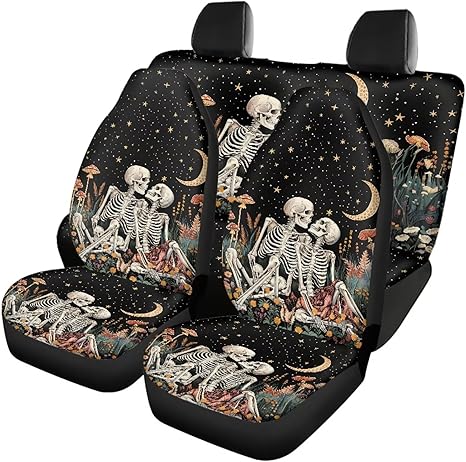 Skull Mushroom Print Car Seat Cover Full Set of 4, Moon Star Print Universal Front and Rear Bench Back Seat Cover for Cars Truck SUV, All Weather Protector, Auto Interior Accessories