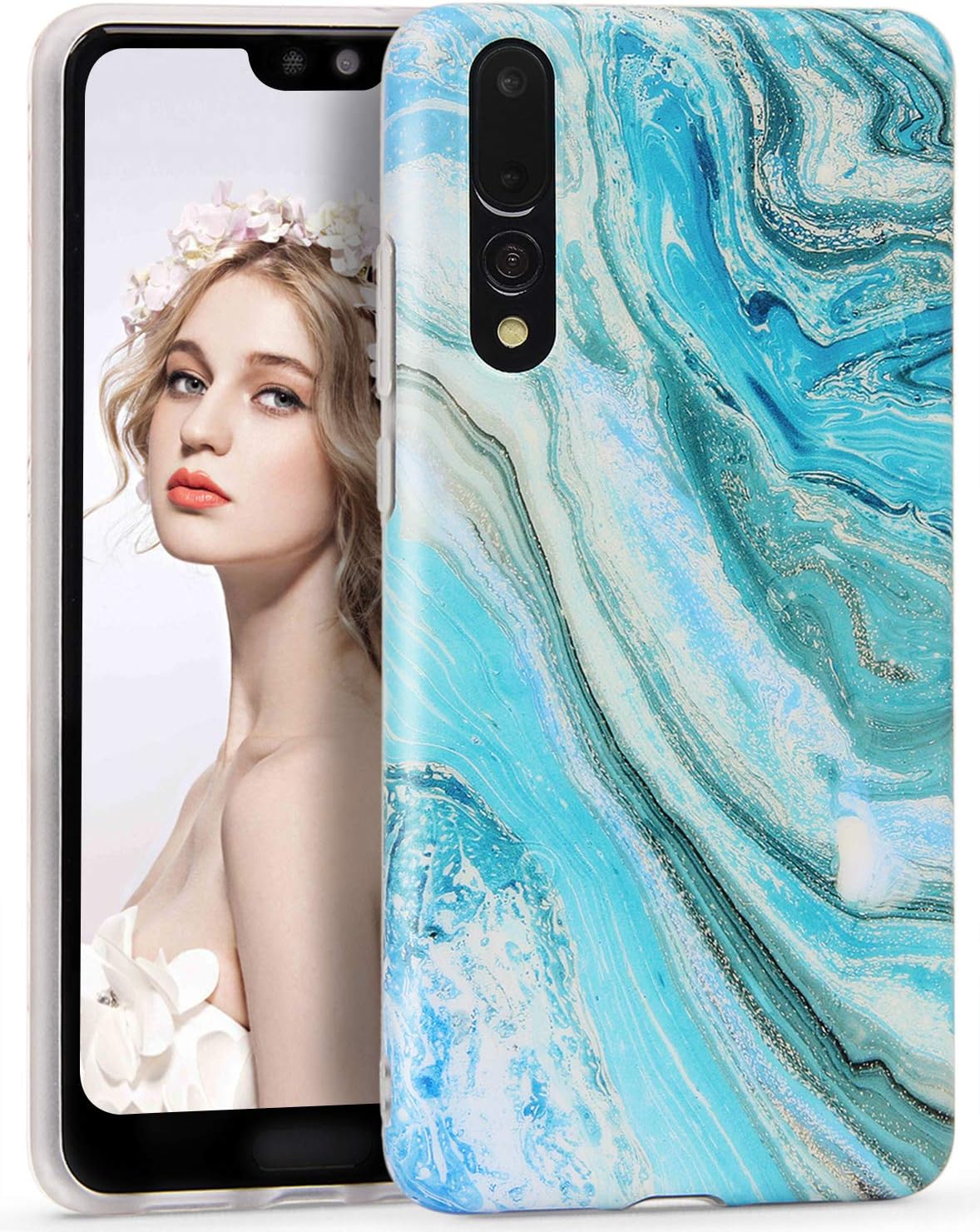 CIUTEK Phone Case for Huawei P20 Pro, P20 Pro Marble Case Matte Slim Anti-Scratch Shockproof Cover Flexible Clear TPU Bumper Funky Soft Case for Huawei P20 Pro (6.1 inch)- Green Blue