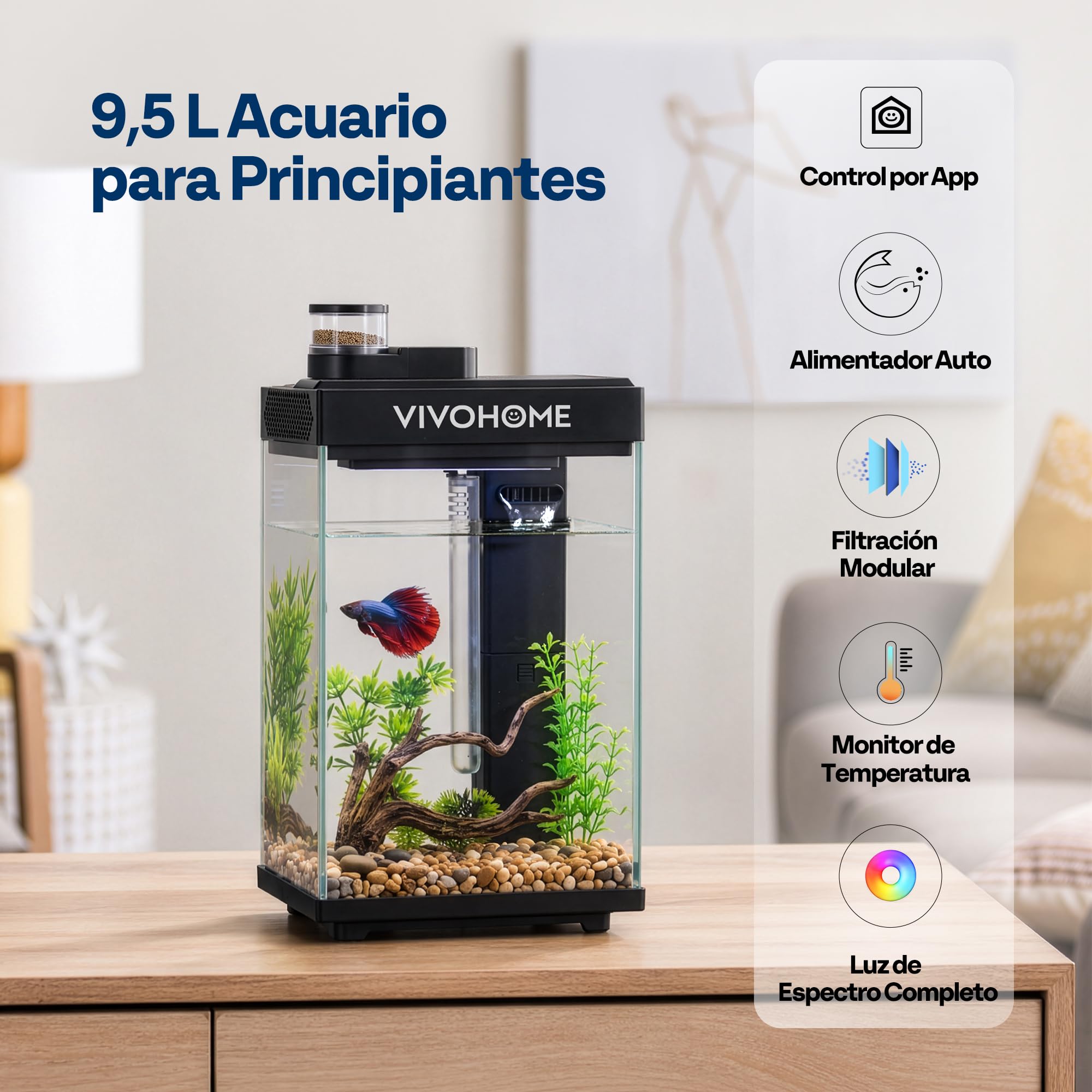 VIVOHOME 9,5L Acuario de Cristal Inteligente Vidrio con Alimentador Auto