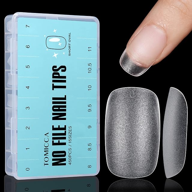 TOMICCA Short Oval Nail Tips, 450PCS No File Nail Tips Kit for Soak Off Nail Extension, Matte Clear Soft Gel Full Cover Nail Tips Fake Nails Tips with Box for Nail Art Salon and Home DIY, 15 Sizes