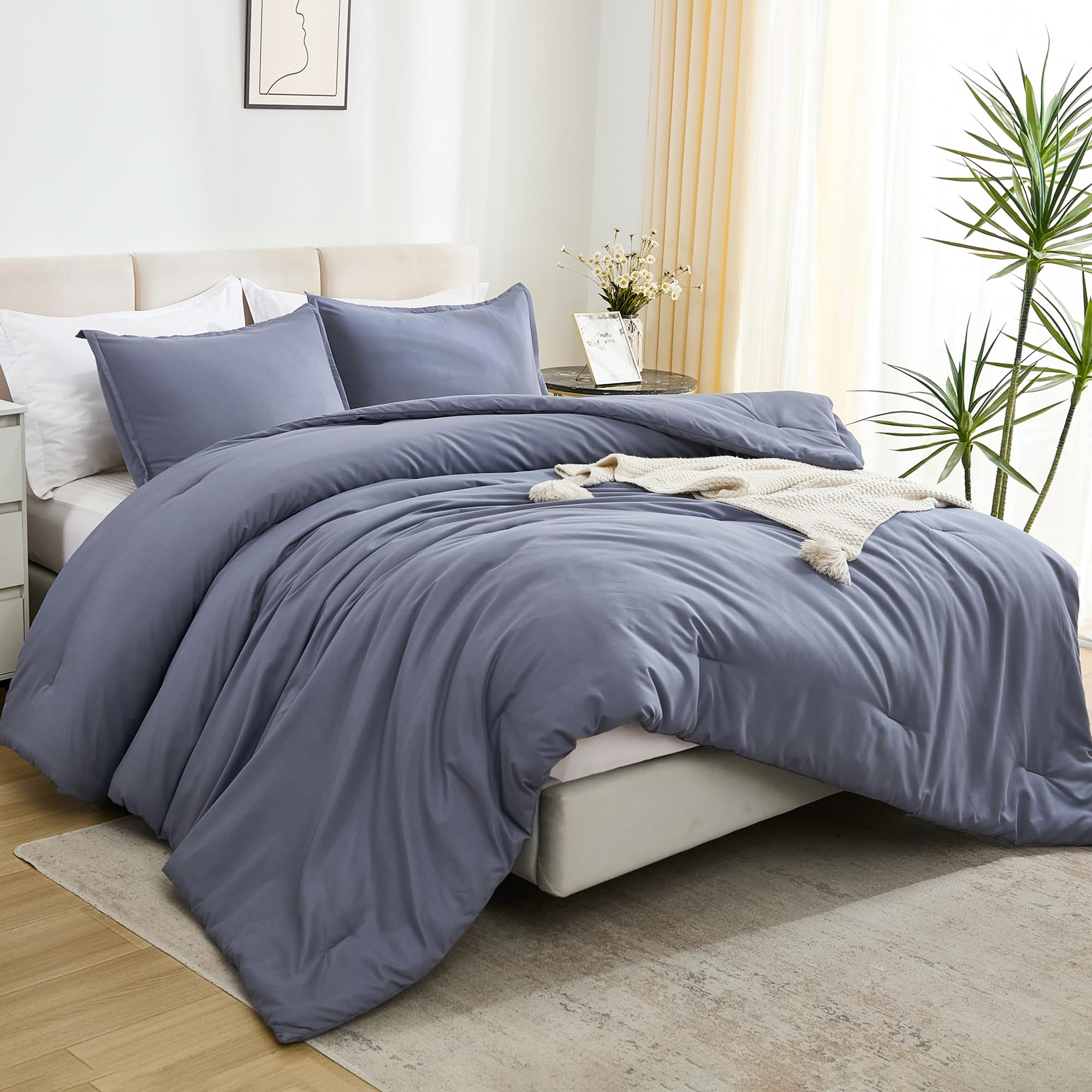 Litanika Comforters Bluish Grey King Size, 3 Pieces Lightweight Solid Bedding Set & Collections, All Season Fluffy Bed Set (104x90In Comforter & 2 Pillowcases)