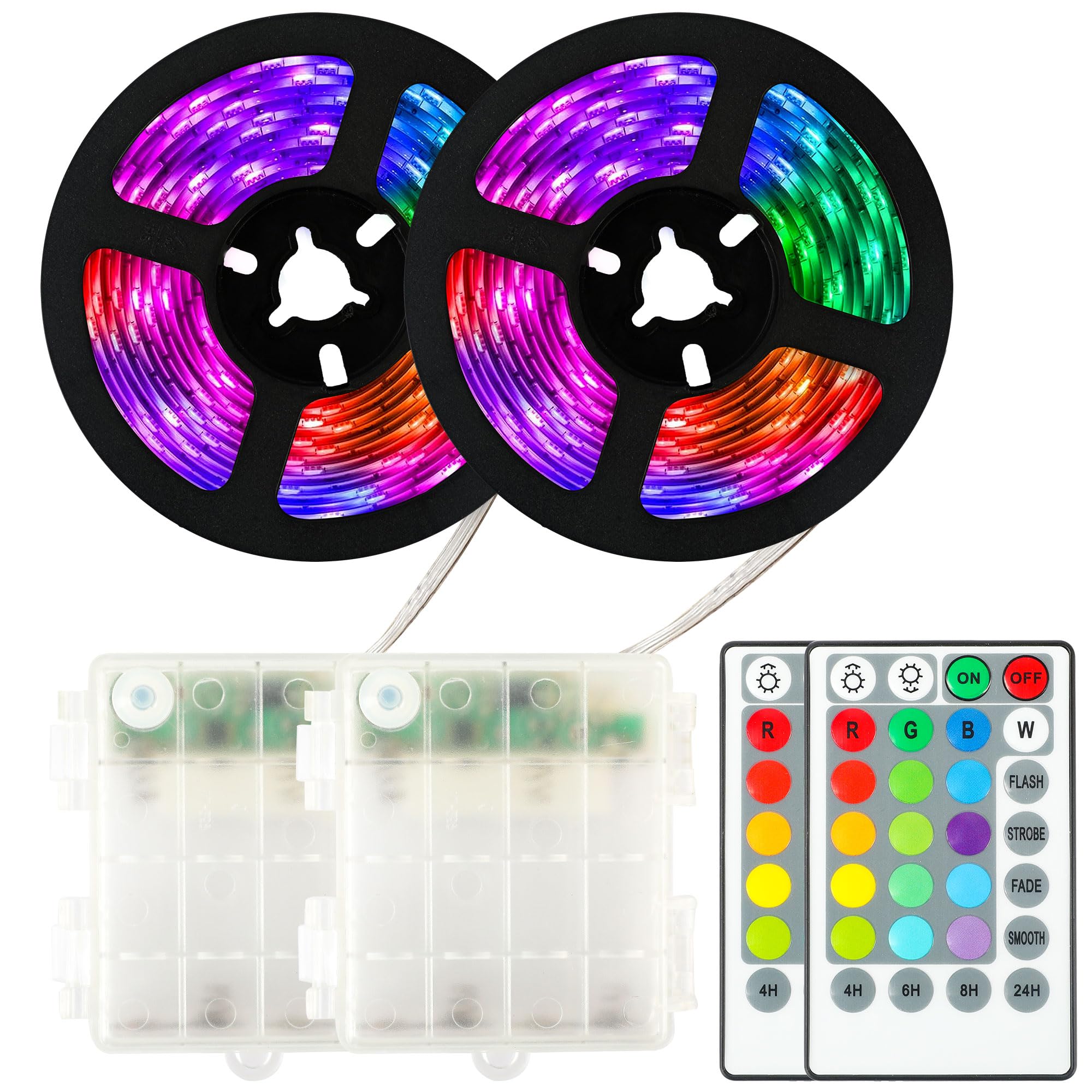 SOAIY Set of 2 LED Strips RGB 2 m Light Strip Battery Operated 16 Colours 4 Light Modes Cabinet Lighting LED Strip with Remote Control 4 Timers for TV Decoration Kitchen Wardrobe Bed Bedroom