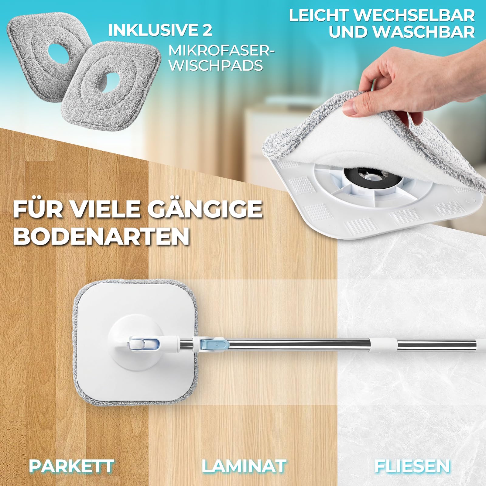 Set de Mopa Plana con Cubo, Doble Compartimento para Separar Agua Limpia y Sucia, Mango Telescópico y 2 Almohadillas de Microfibra, para Limpieza en Seco y Húmedo