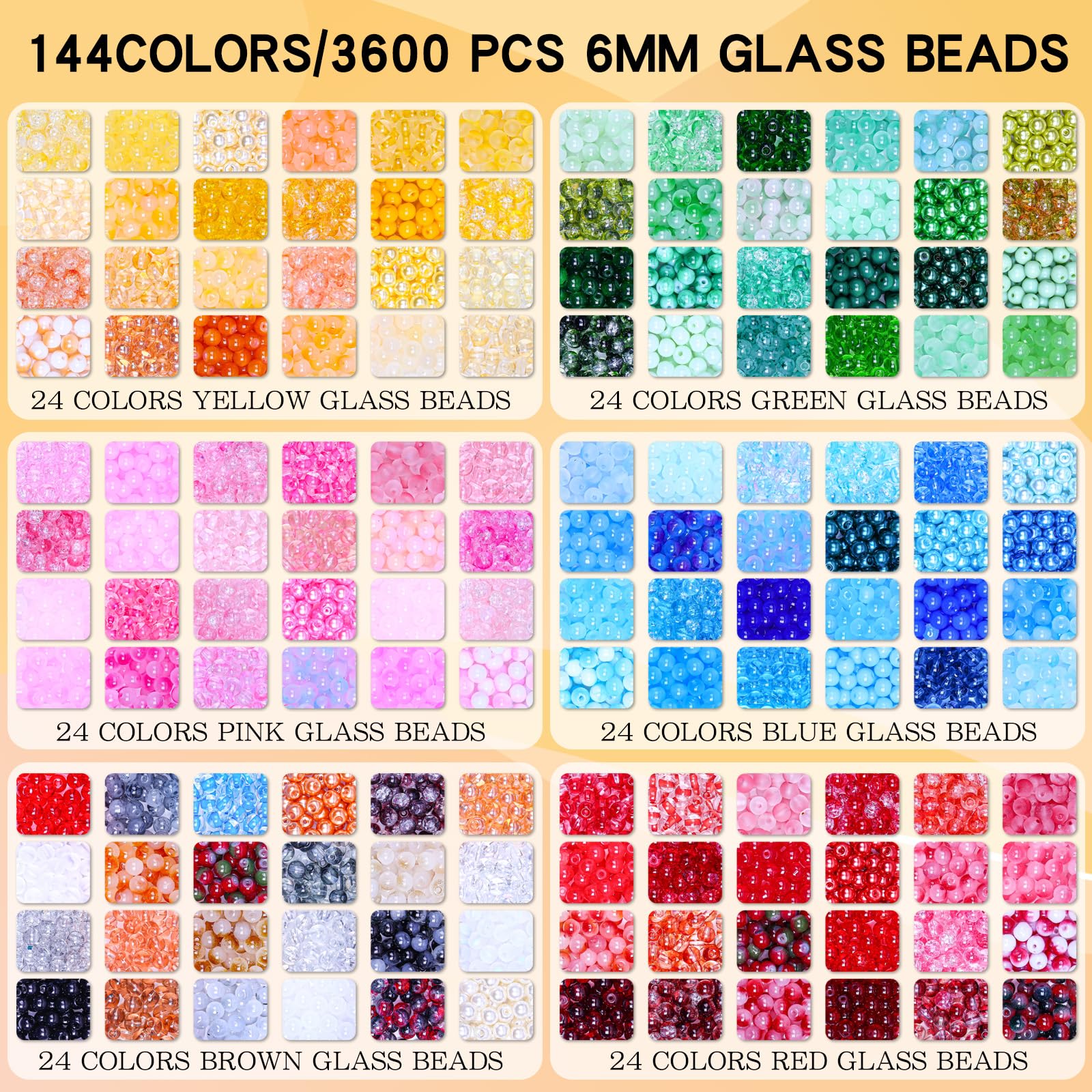 Kit di perline di vetro da 6 mm, 144 colori assortiti, perline in vetro di cristallo per la creazione di gioielli e artigianato fai da te, bracciali, collane, artigianato fai da te e progetti di