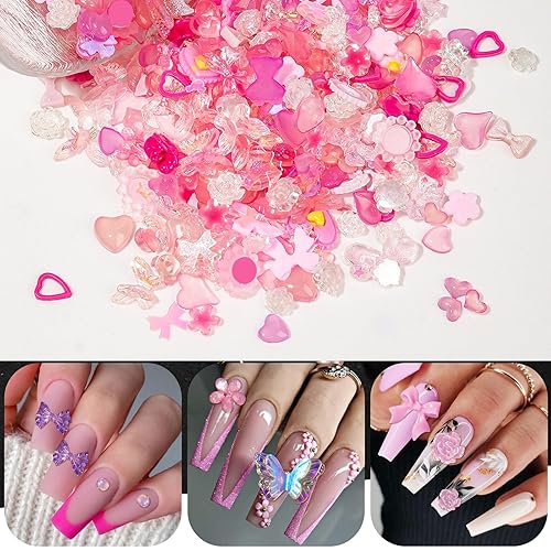 Miniatura 4 de 300 piezas surtidas de acrílico multiformas, corazón rosa, flor, mariposa, lazo, 3D, dijes de uñas huecas, perlas huecas, dijes de uñas para