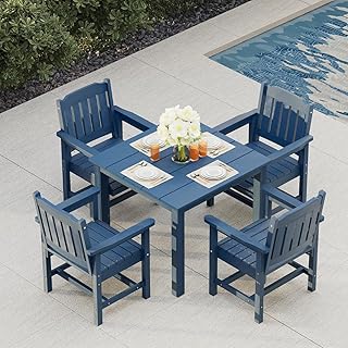 Poly Lumber Patio Dining Set, HIPS Outdoor 36.2-Inches Dining Table and Slat Back Chairs, with Umbrella Hole, Weather Resistant (5 Piece, Navy Blue)