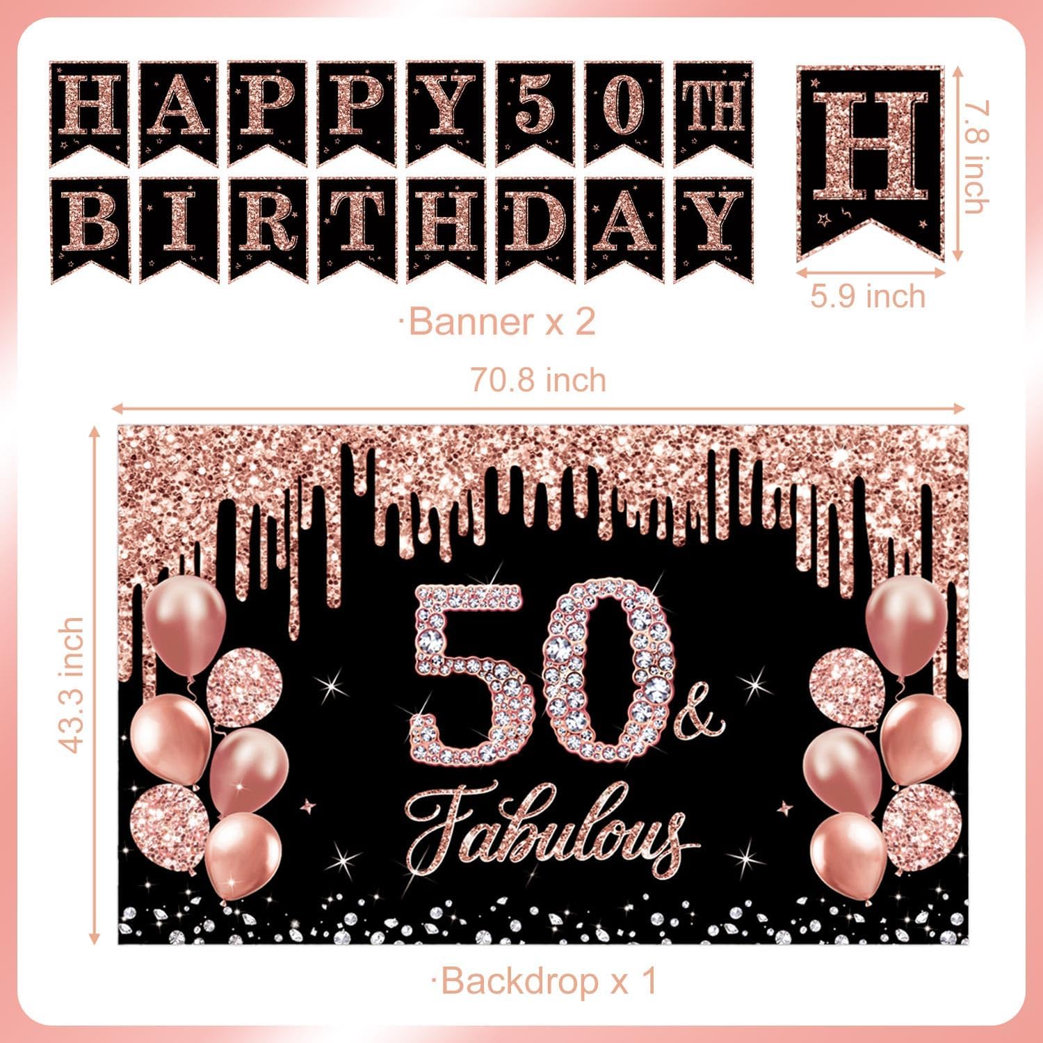 50th Birthday Decorations for Women, 38-Piece Black and Rose Gold 50 Years Old Party Supplies with Backdrop, Honeycomb Centerpieces, Banner, Hanging Swirls, Porch Banner, Balloons, Sash, Crown image 3