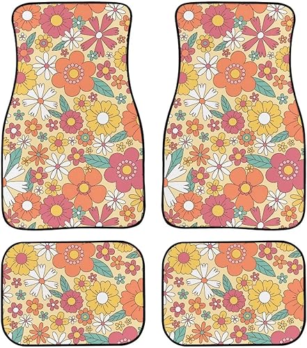Drydeepin Hippie Groovy - Tapete de 4 piezas con diseño floral de flores para automóvil, protector interior de automóvil, accesorios universales