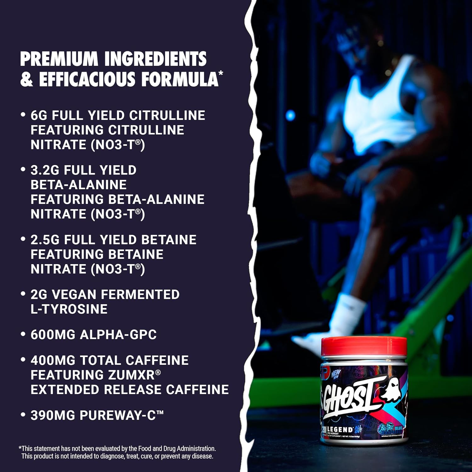 GHOST Legend All Out Pre-Workout Powder, Blue Raspberry - 20 Servings - Pre-Workout Supplement for Men & Women - Energy & Pumps - Caffeine, Citrulline, Beta Alanine, Betaine, NO3-T - Sugar Free