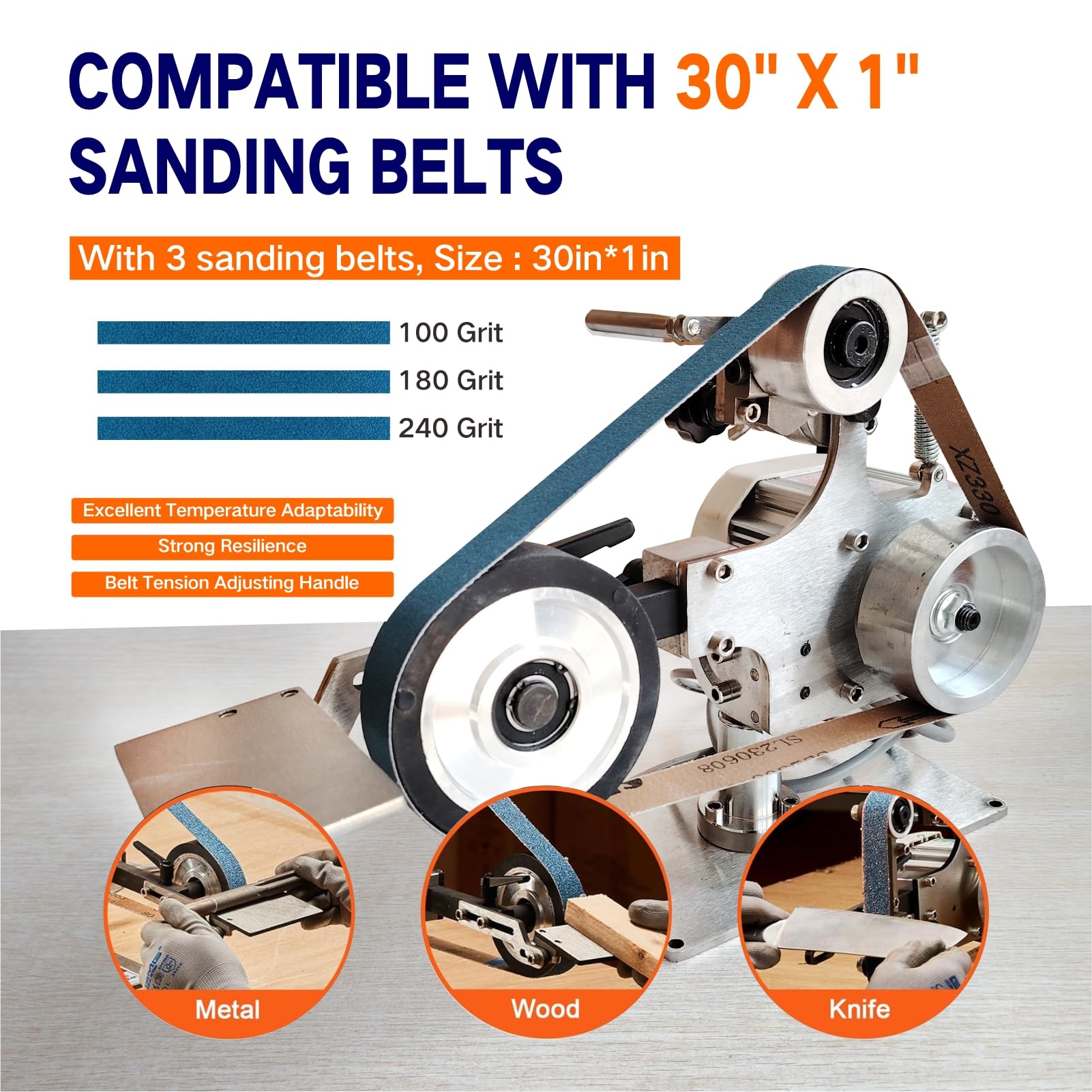 Bandschleifer 550W mit 3 Schleifbändern, 76,2 x 2,5 cm kompatible Bänder, Körnung 100/180/240, Metall Holz Messer Schleifmaschine, Modell JLD10-8