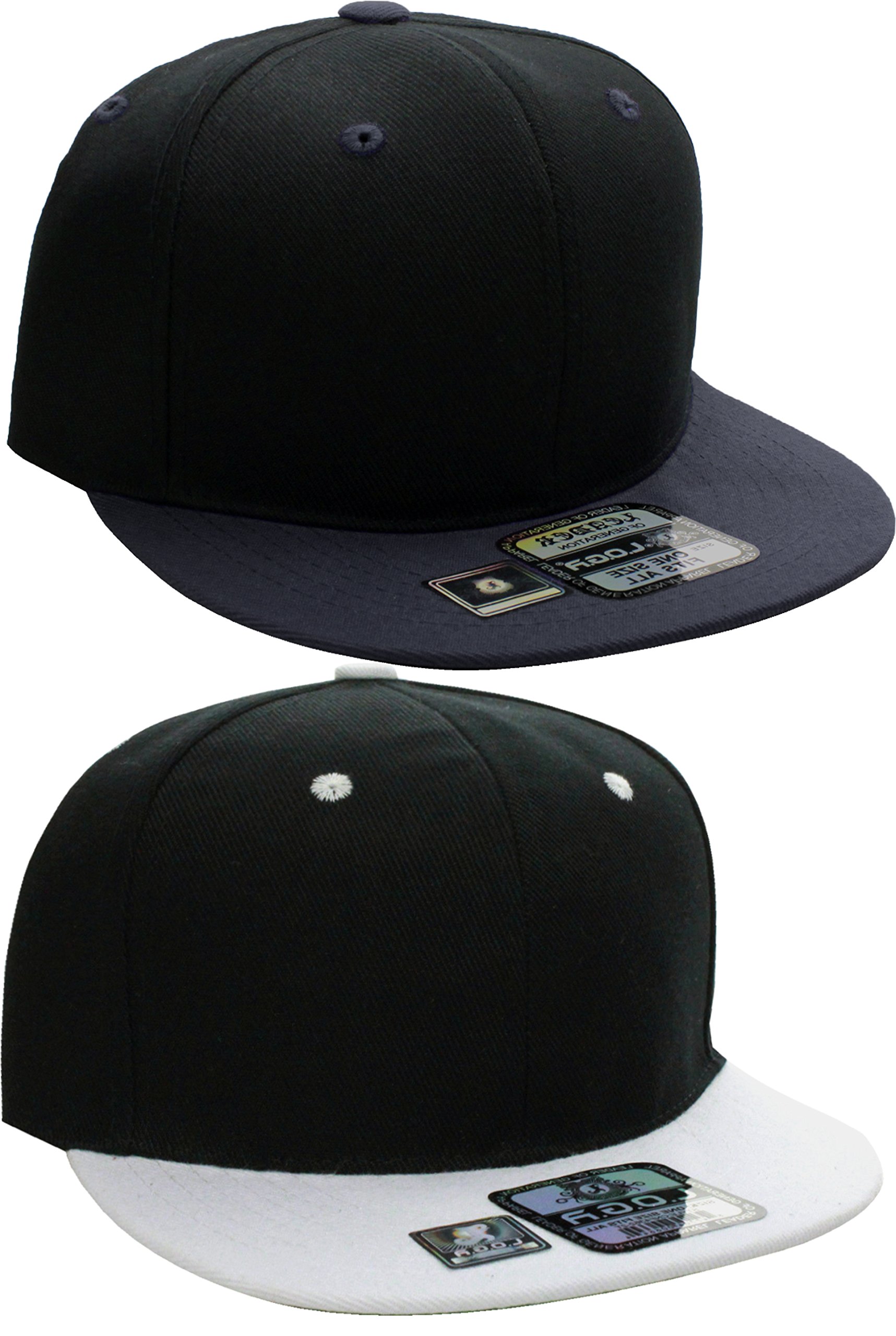 L.O.G.A Plain Flat Bill Visor Blank Snapback Hat Cap with Adjustable Snaps - 2 Pk - Bk/Wh, Bk/Ch