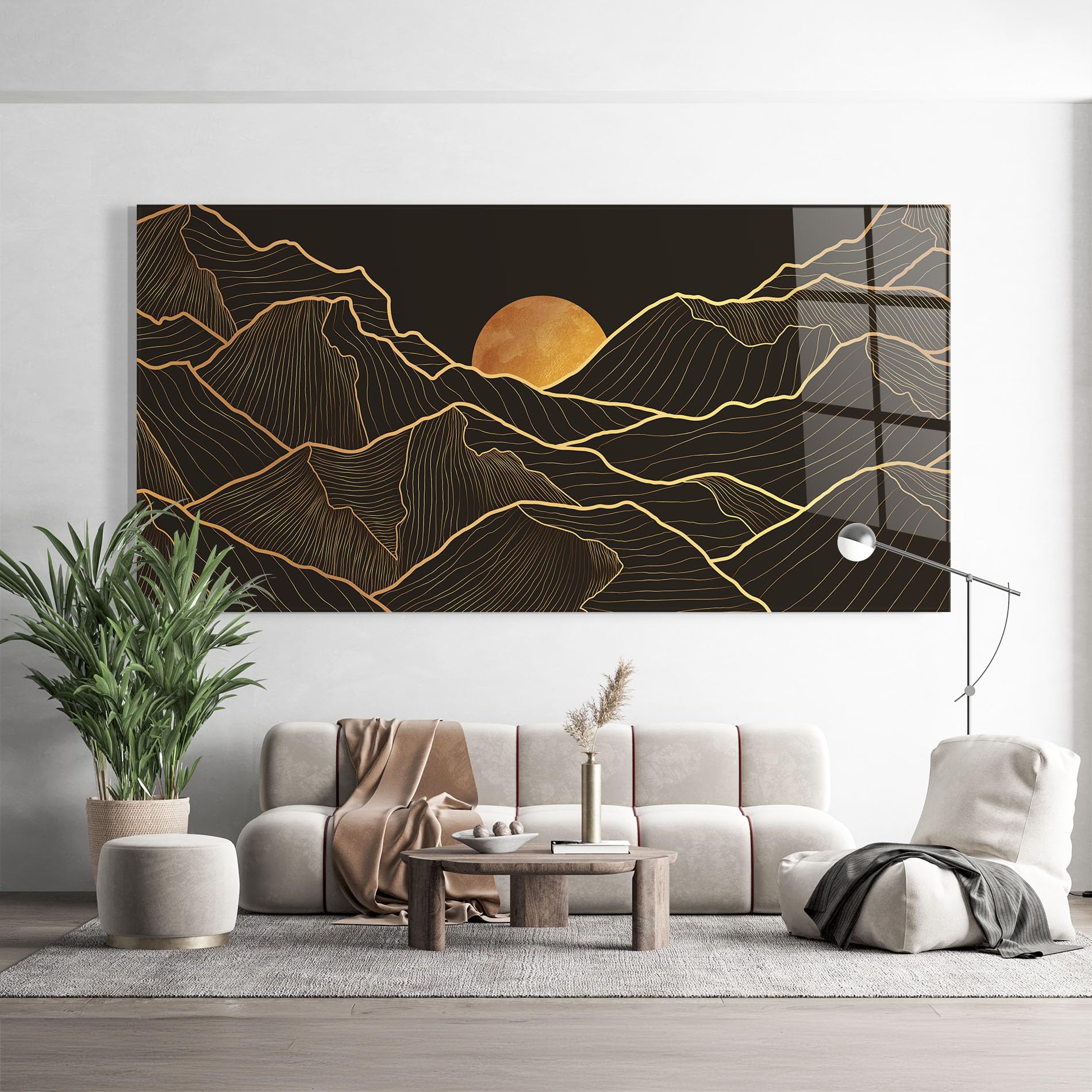 ARTHUB® Moderne impression sur verre 60x150 cm, 4mm verre trempé | Tableau en verre salon et chambre, Décoration murale moderne, Décoration intérieure, paysages, Black Gold Mountains