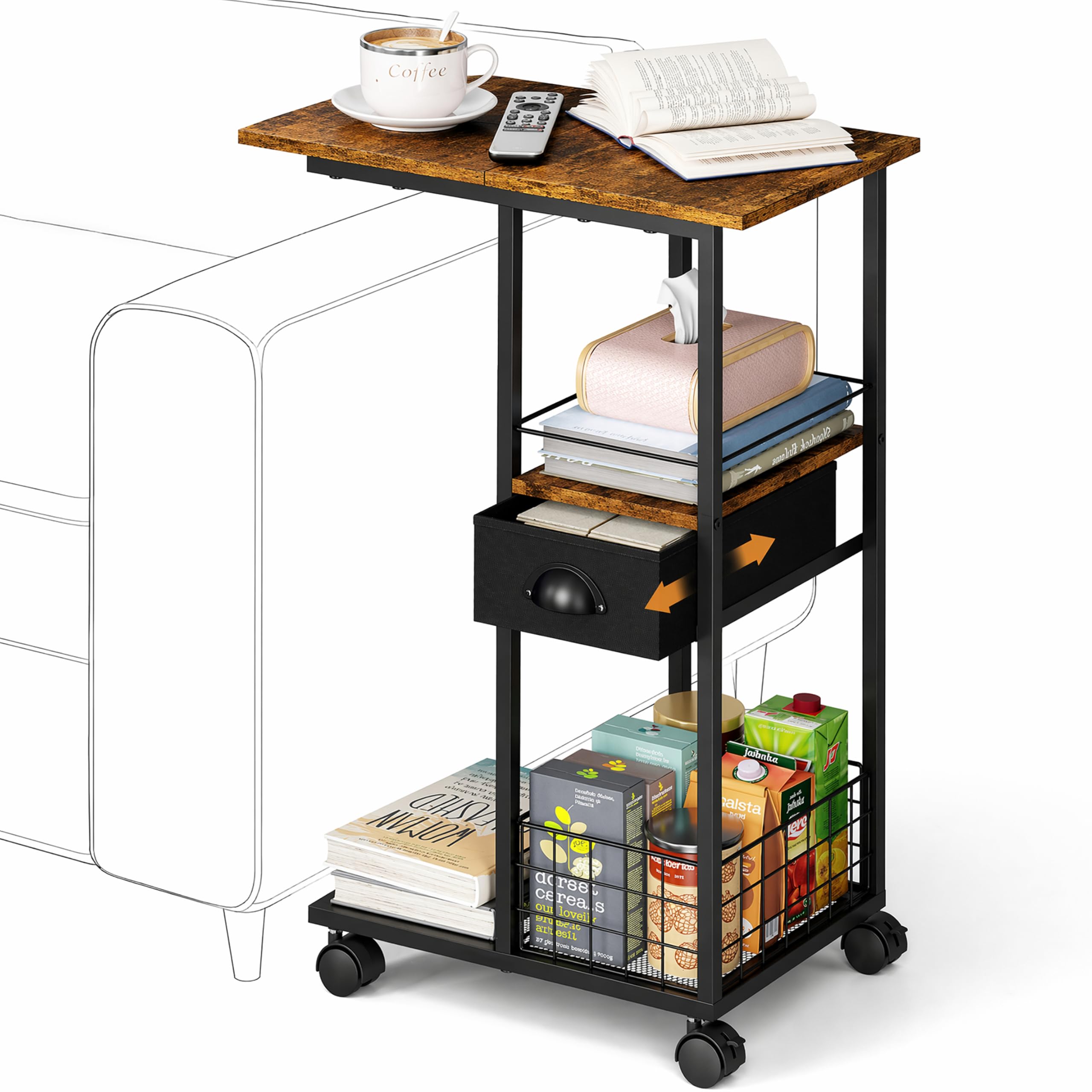 Sonyabecca Mesa Auxiliar en C con Ruedas, mesita de Noche con cajón para Cama o sofá, Mesa de Centro con Estructura de Metal, Mesa para salón, Dormitorio u Oficina en casa