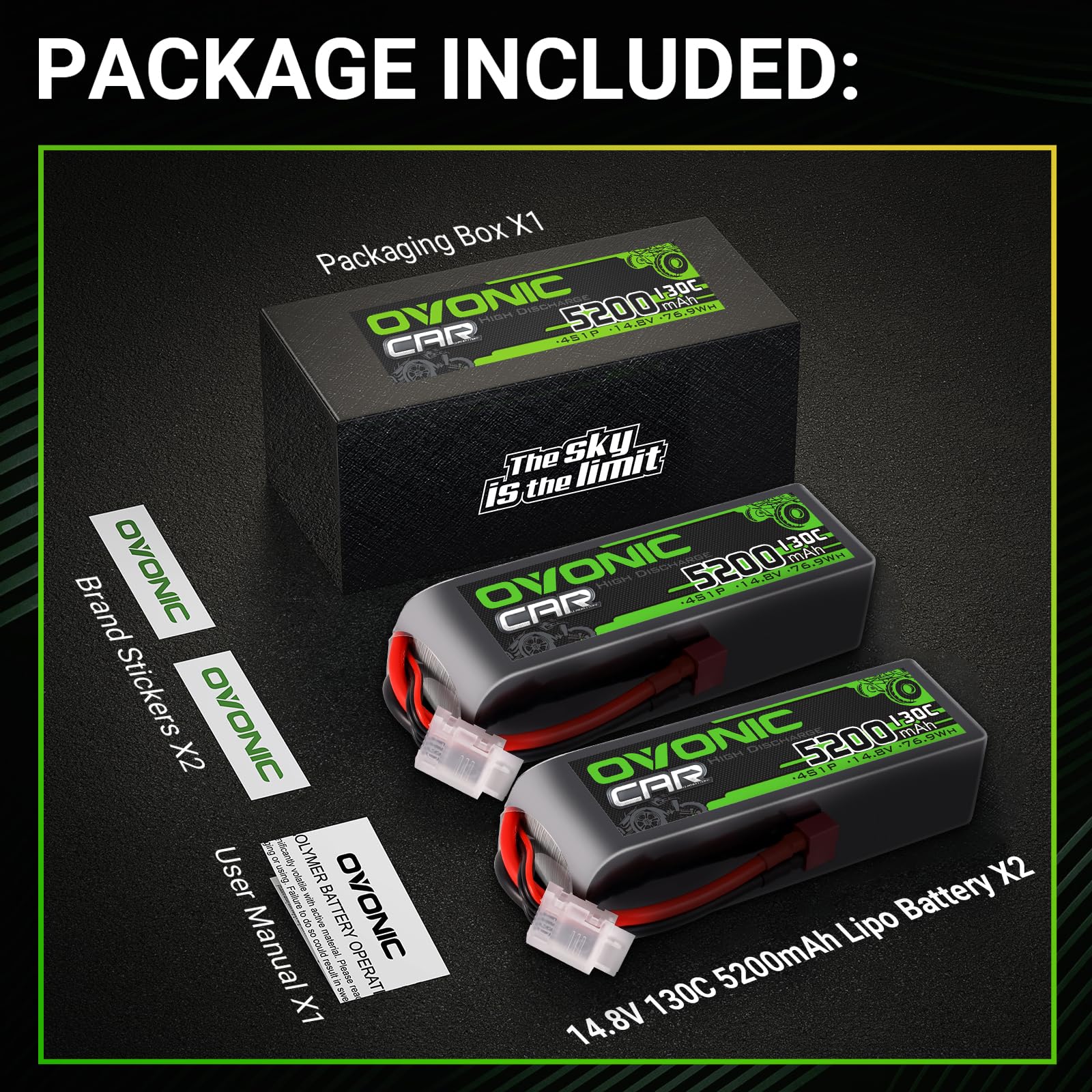 OVONIC 4s Lipo akumulator 14,8 V 5200 mAh 130C z wtyczką Deans T Lipo akumulator do samochodów RC, ciężarówek, truggy, quadcopterów, helikopterów, ciężarówek, łodzi, samolotów (2 szt.)