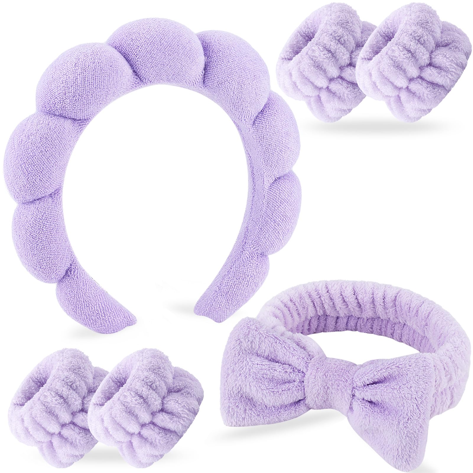 Zkptops 6Pcs Spa Headband for Washing Face Wristbands Set Women Bubble Skincare Makeup Sponge Terry Cloth Padded Puffy Headband Bow Tie Hairband Cute