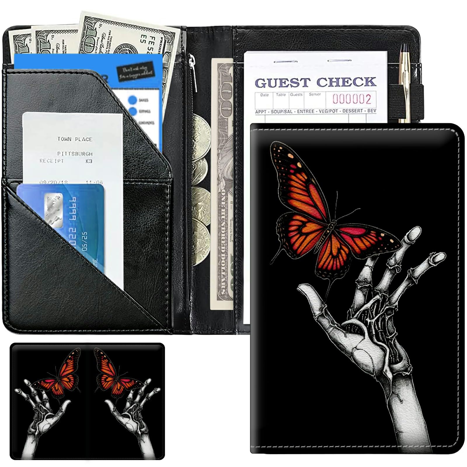 Hand Skull Cute Server Books for Waitress, Leather Waiter Book Server Wallet with Zipper Money Pocket, 5 * 8 Waitress Ticket Book Holder Restaurant Waitstaff Organizer with Pen Holder Fit