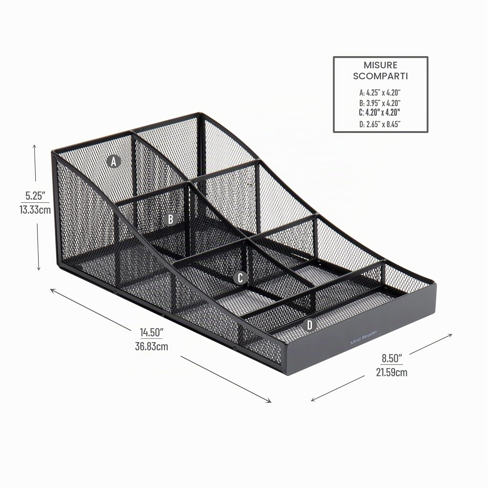 Mind Reader COMP7MESH-BLK - Organizer da banco a 7 scomparti per tazze da caffè e condimenti, rete metallica, 21,6 x 36,8 x 13,3 cm, nero