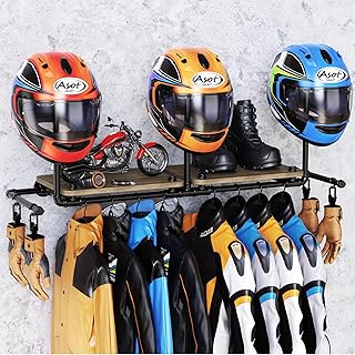 ATSKIM Double Motorcycle Helmet Holder Wall Mount, Helmet Hanger and Jacket Holder Wall Mount, Riding Gear Display Rack wi...