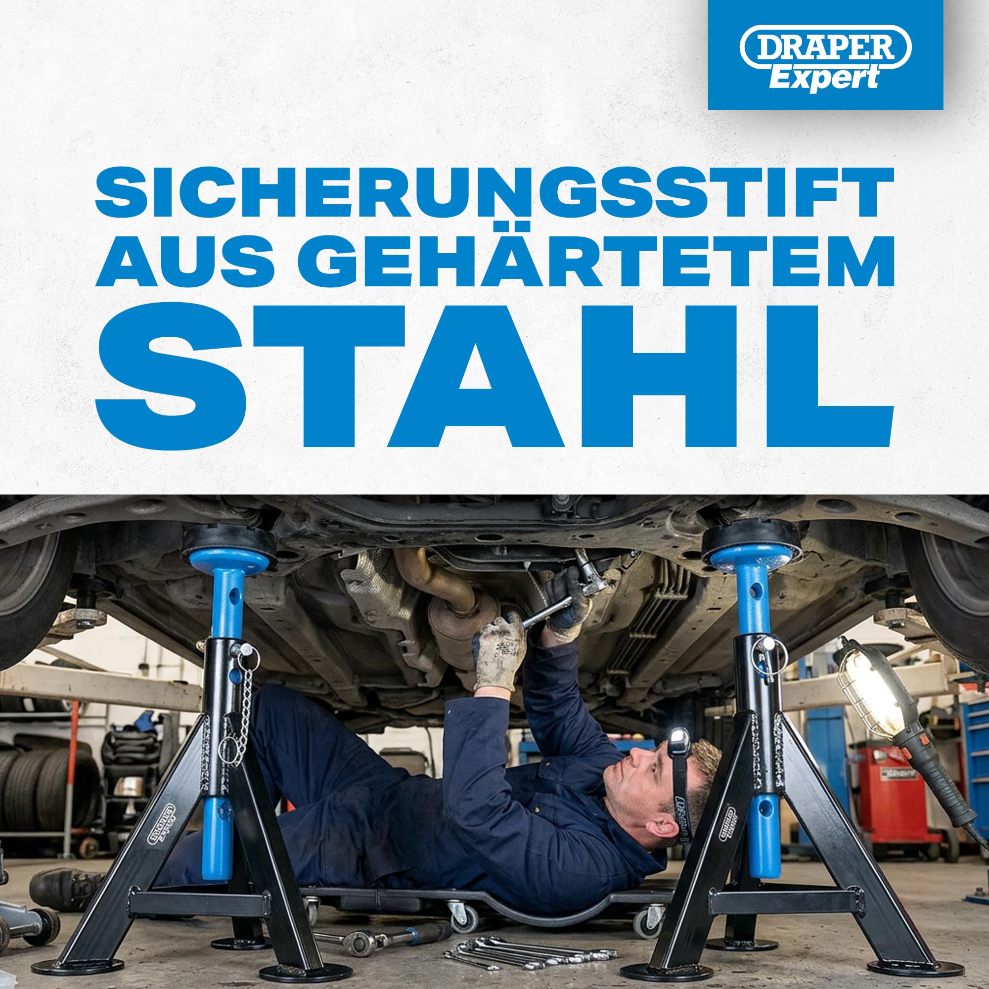 Draper Tools Expert Achsenständer (Paar), Blau | 3 Tonnen Tragkraft, einstellbare Sattelhöhe, Gummiauflage zum Schutz, gehärteter Stahl-Verriegelungsstift