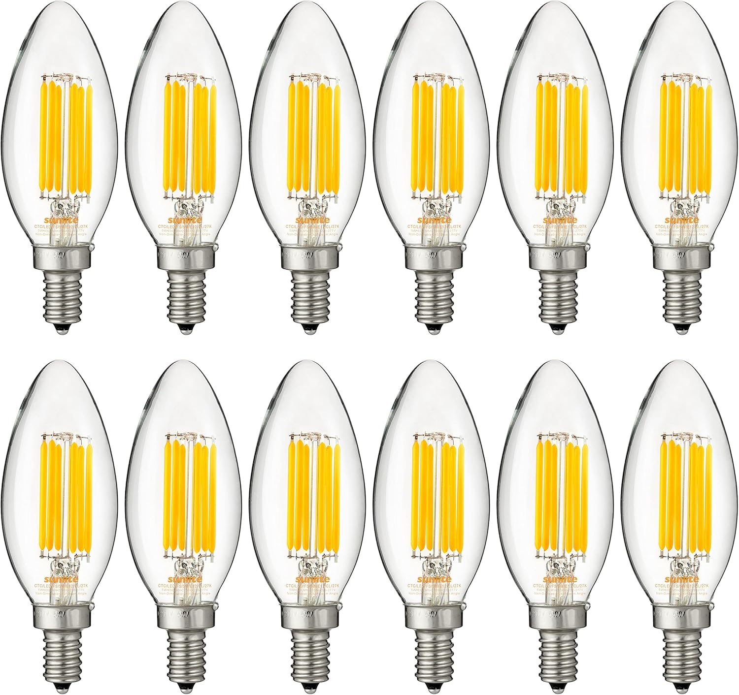 Sunlite LED Edison B11 Torpedo Tip Chandelier Light Bulb, 5 Watts (60W Equivalent), 630 Lumens, Candelabra E12 Base, Non-Dimmable Clear Glass Filament, 220-277 Volt, 2700K Soft White, 12 Count